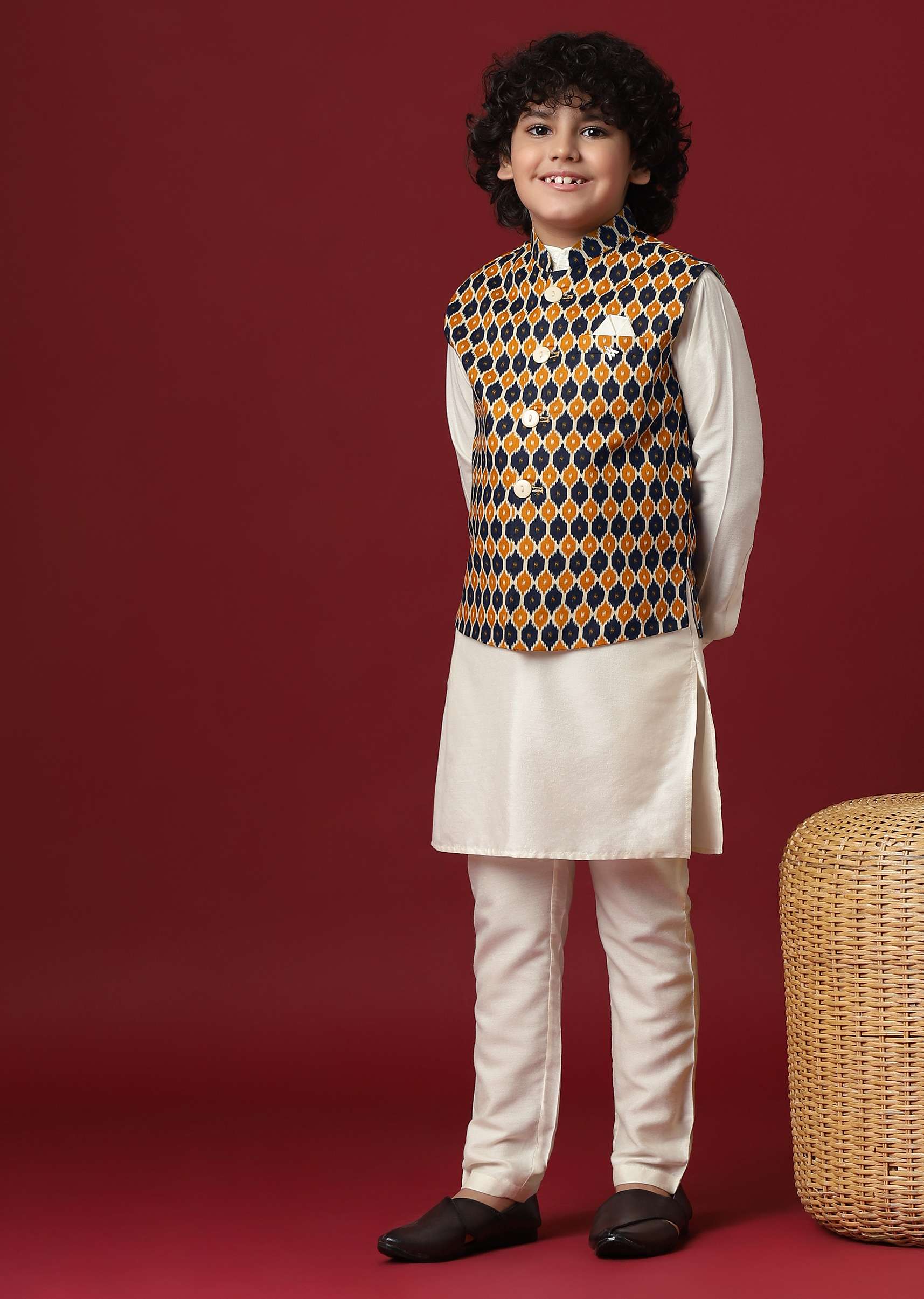 Multi Coloured Printed Jacket Kurta Set In Silk For Boys - Image 2