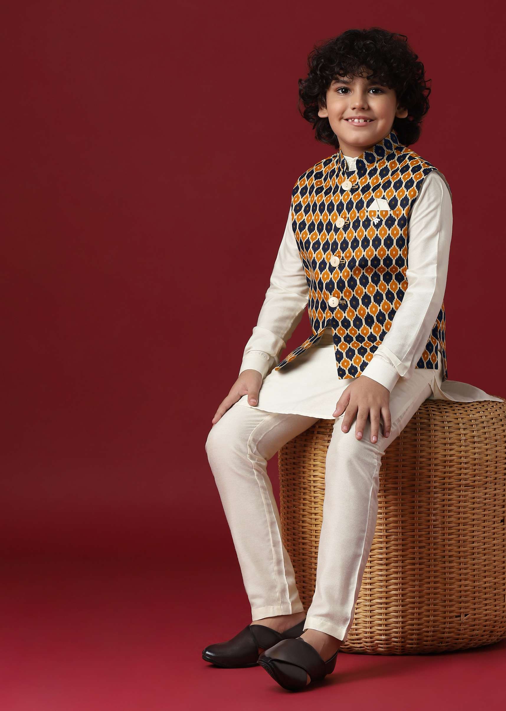 Multi Coloured Printed Jacket Kurta Set In Silk For Boys - Image 3