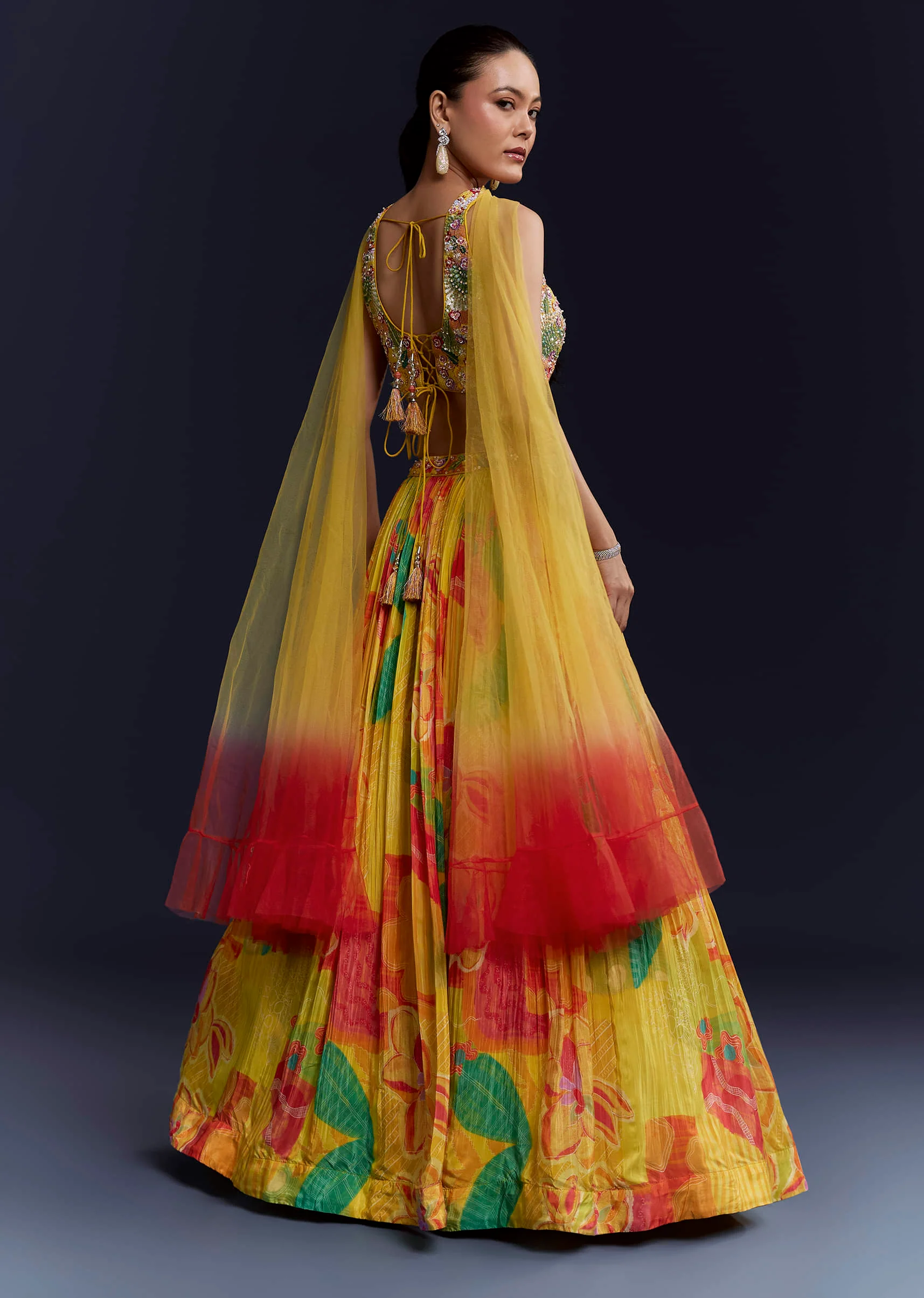 Multi Crepe Floral Print Bridesmaid Lehenga Set with Dupatta - Image 2