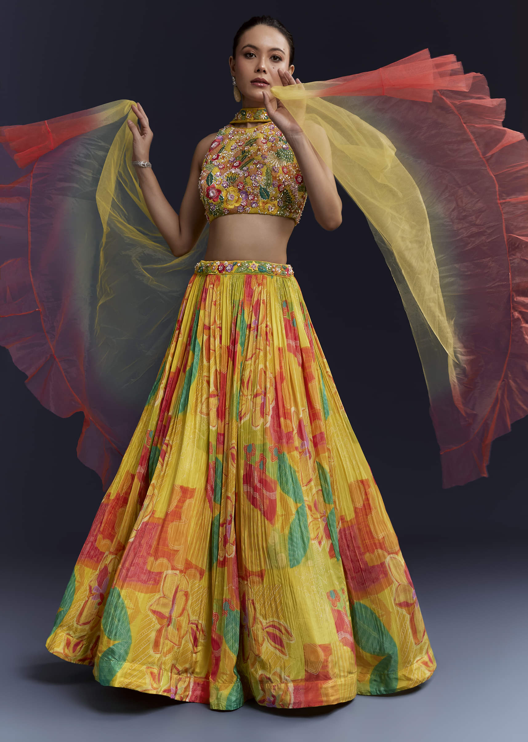 Multi Crepe Floral Print Bridesmaid Lehenga Set with Dupatta - Image 4