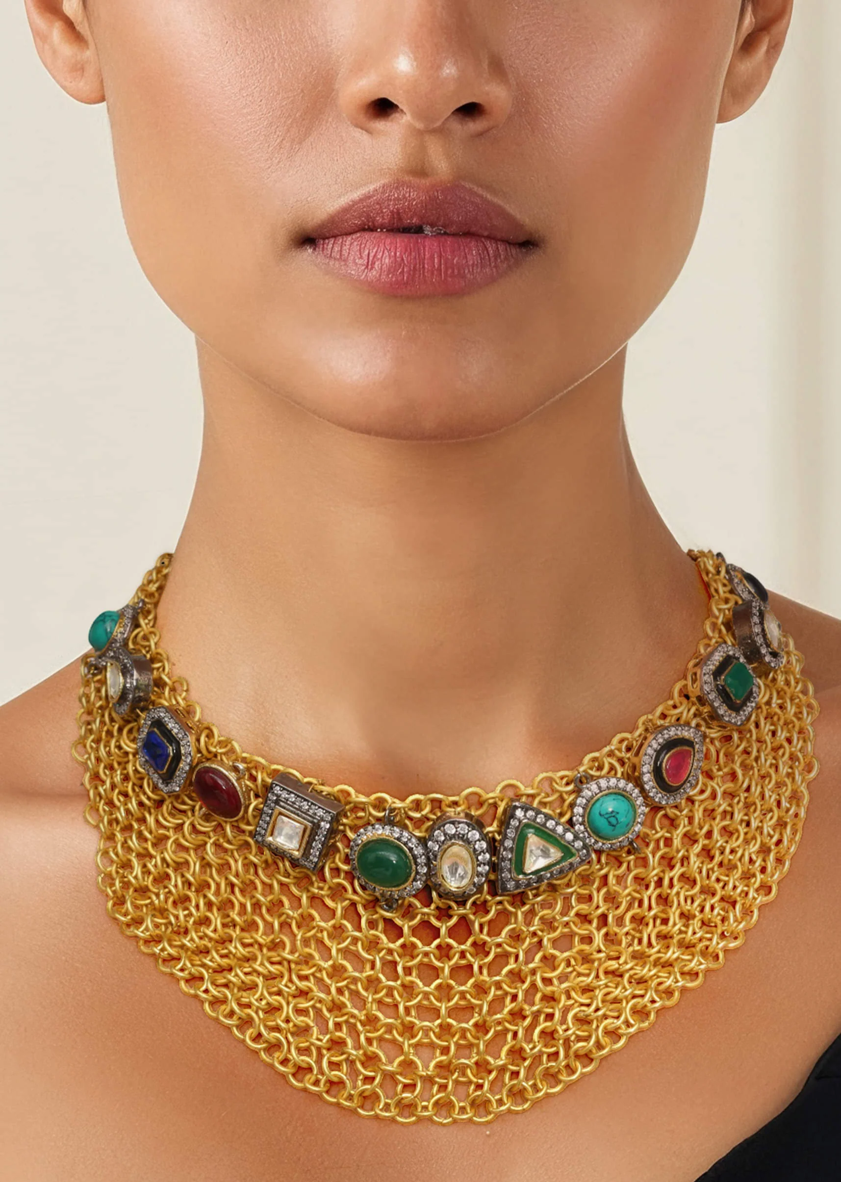 Multi Fusion Chain Tassel Stone Encrusted Necklace