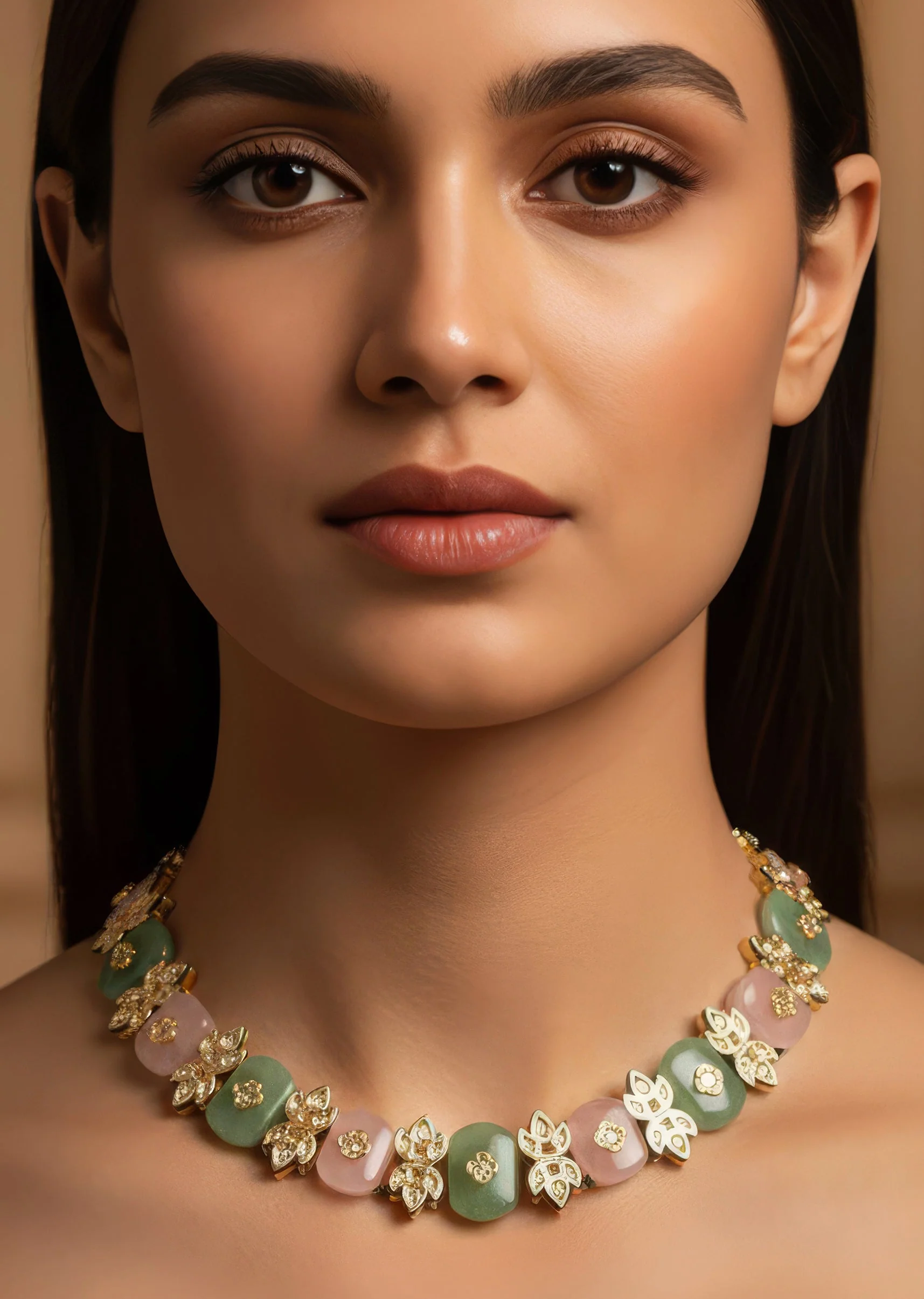 Multi Green And Baby Pink Necklace Set For Women