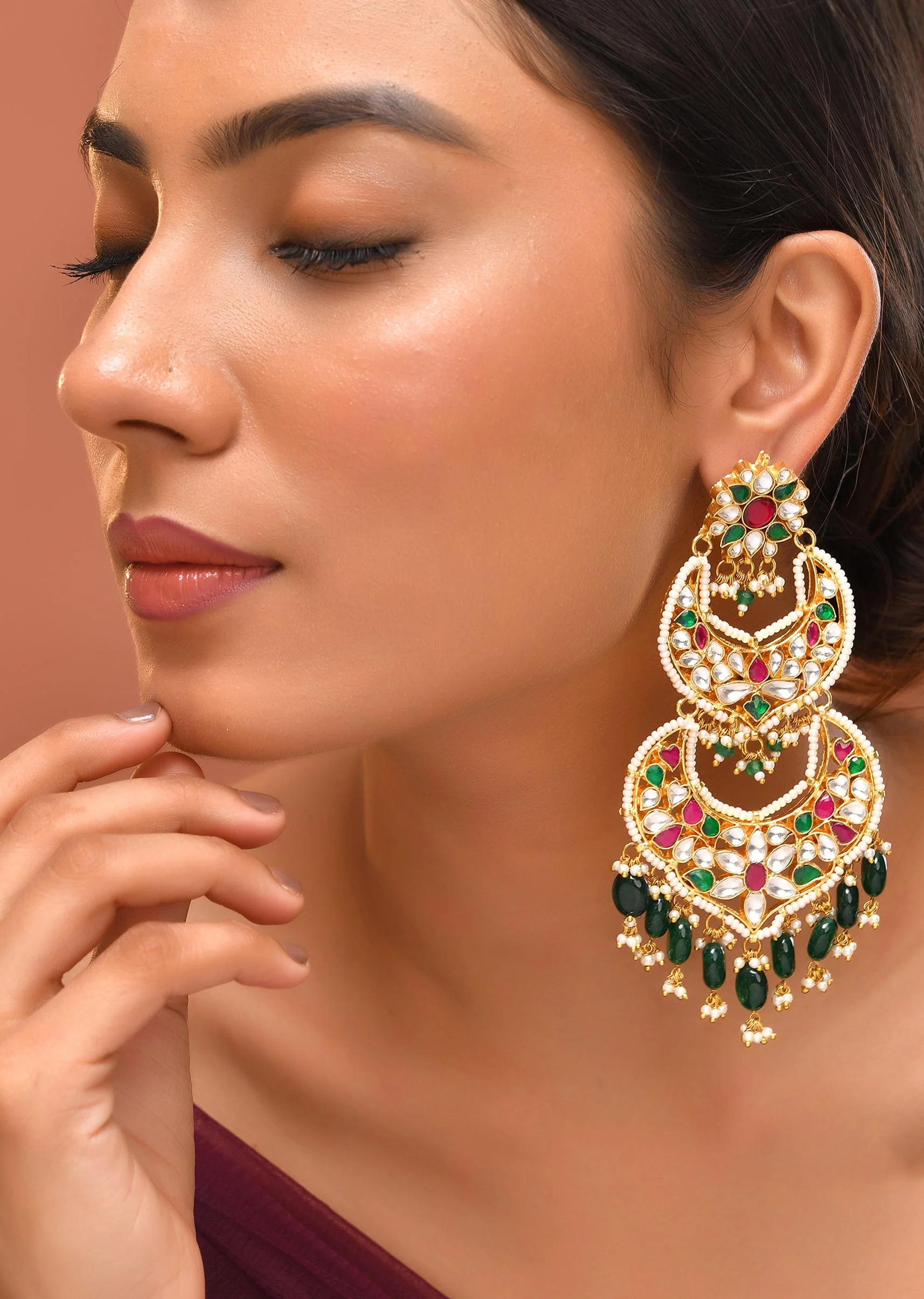 Multi Green Earrings With Pachi Kundan