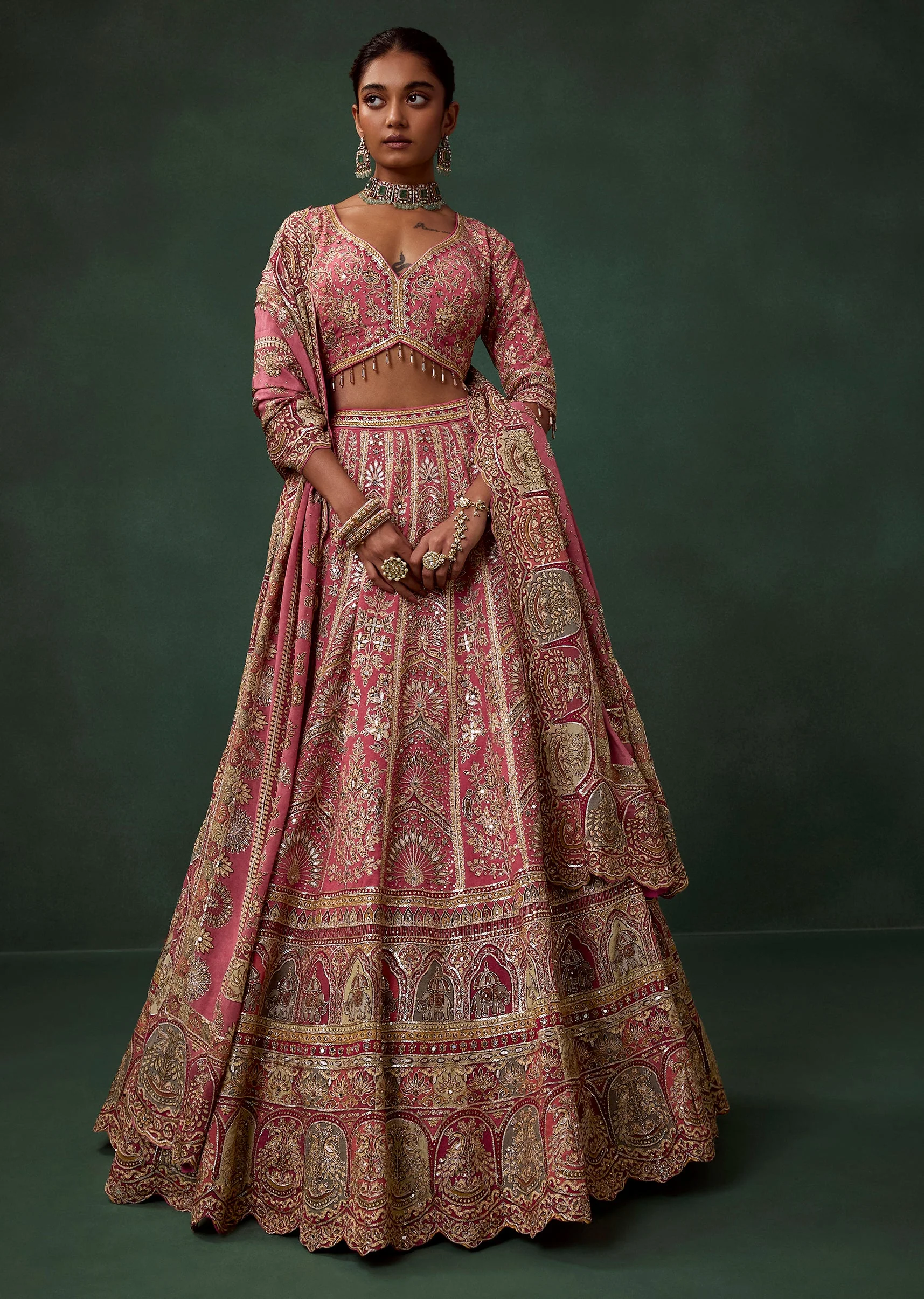 Multi Heavy Embroidered and Printed Georgette Kali Bridal Lehenga Set