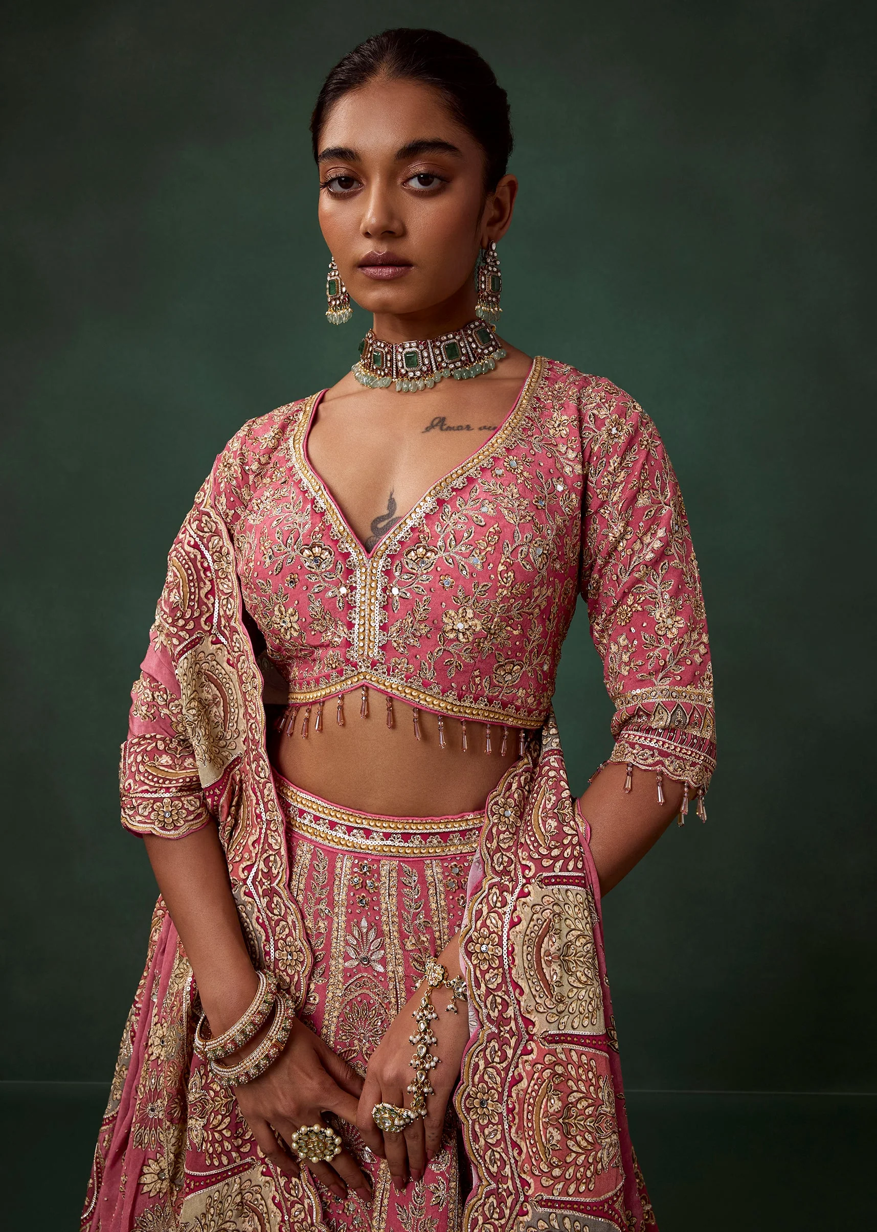Multi Heavy Embroidered and Printed Georgette Kali Bridal Lehenga Set - Image 3