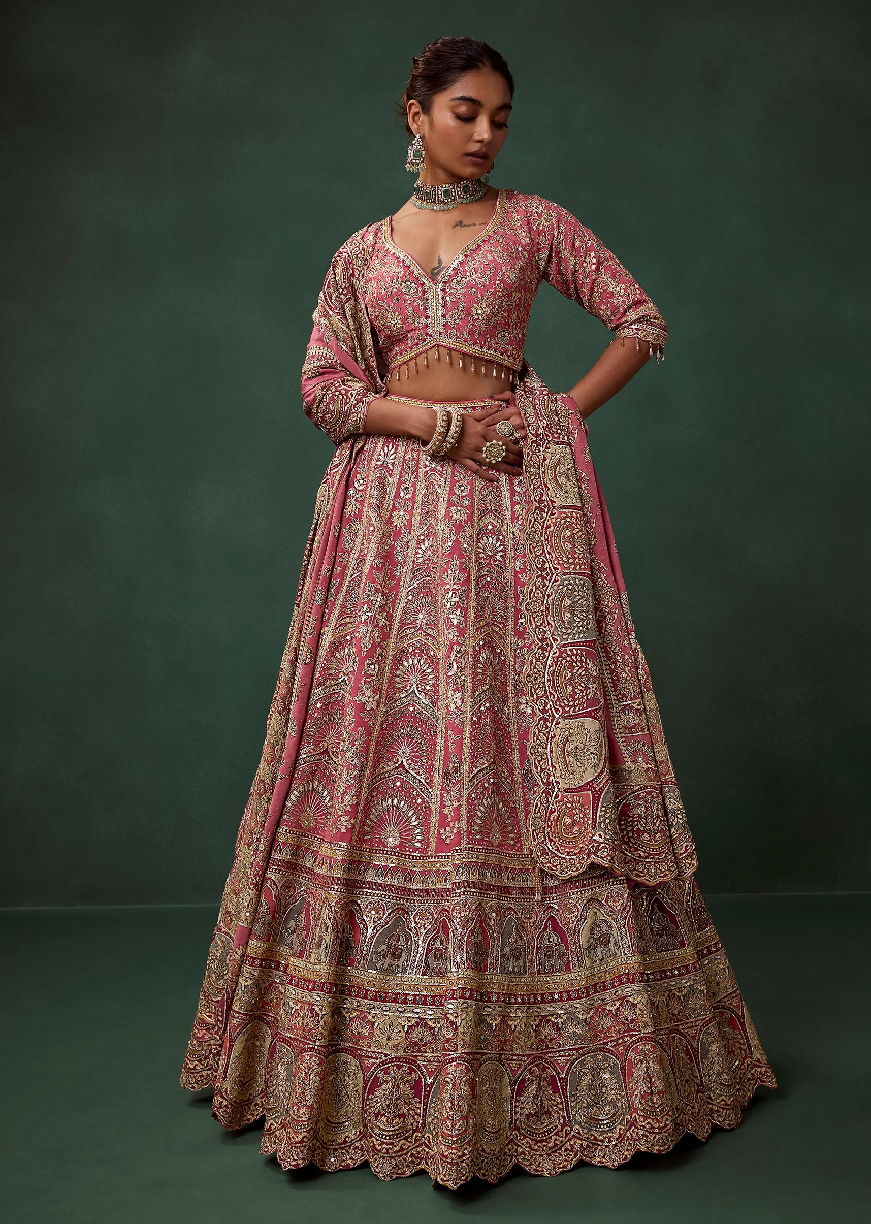 Multi Heavy Embroidered and Printed Georgette Kali Bridal Lehenga Set - Image 4
