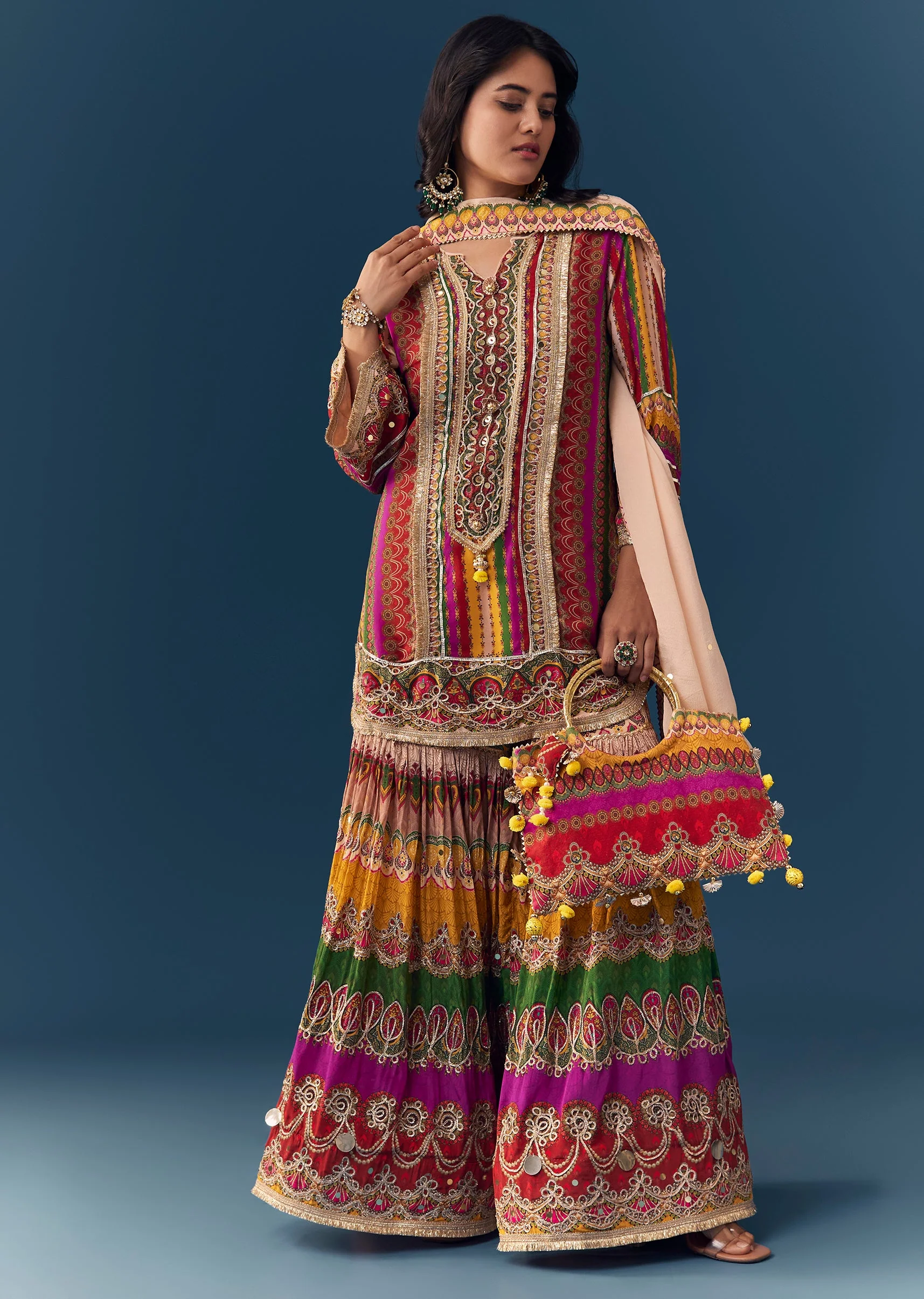Multi Indie Print Sharara Set with Handbag - Image 3