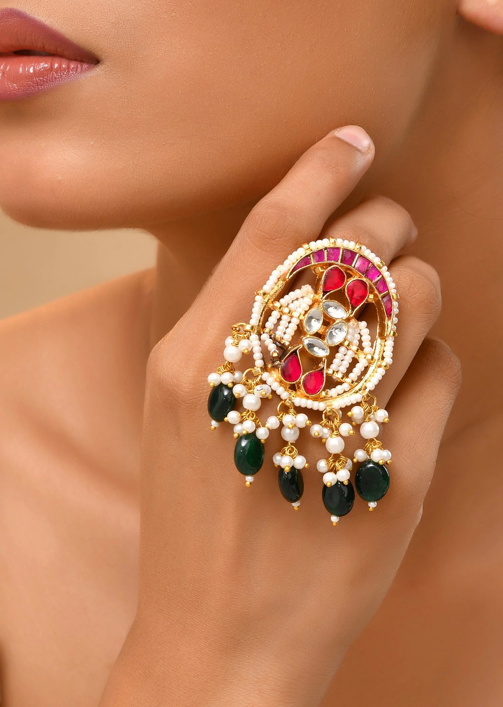 Multi Kundan Cluster Bead Drop Statement Ring