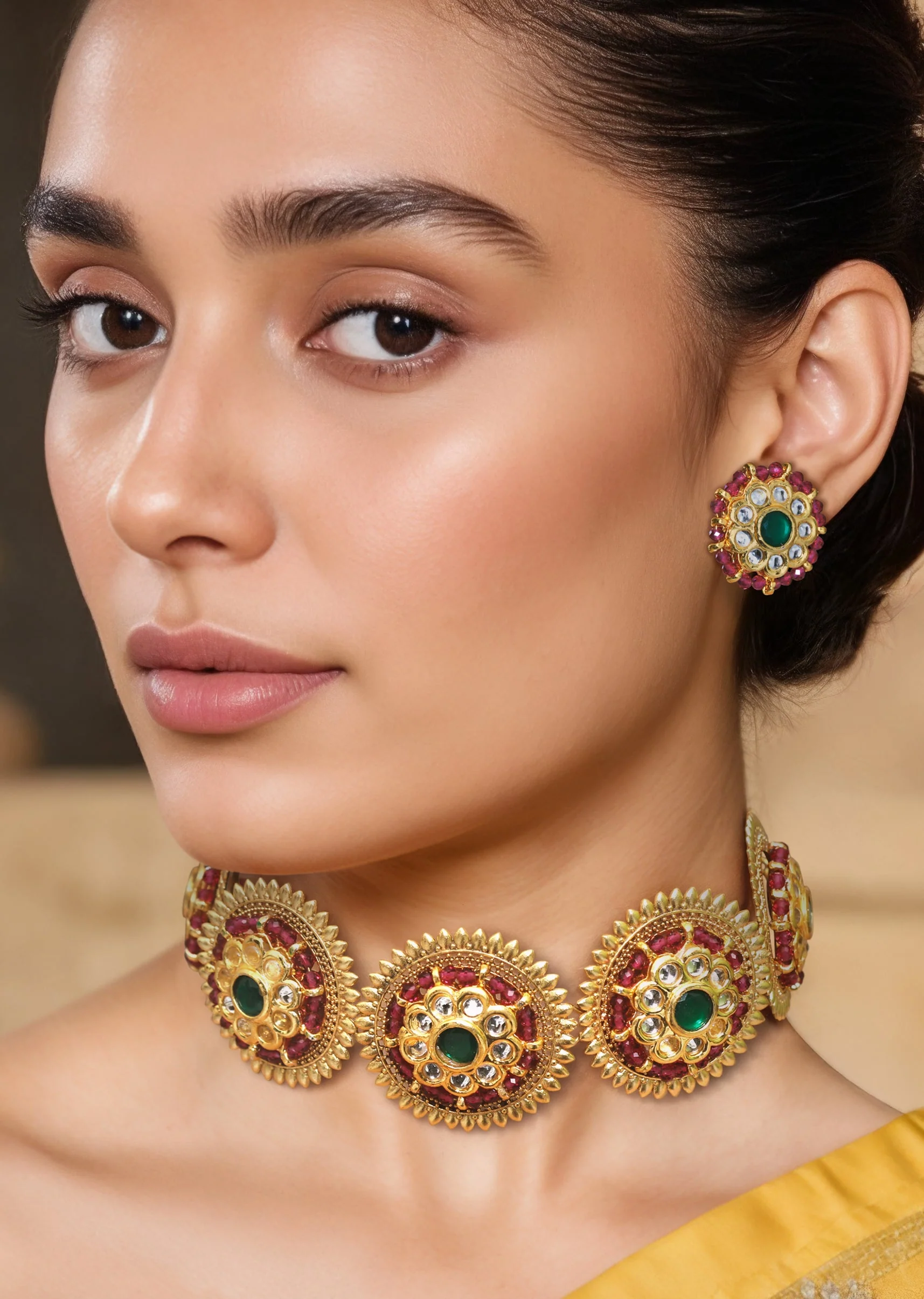 Multi Kundan Encrusted Floral Pendant Necklace Set