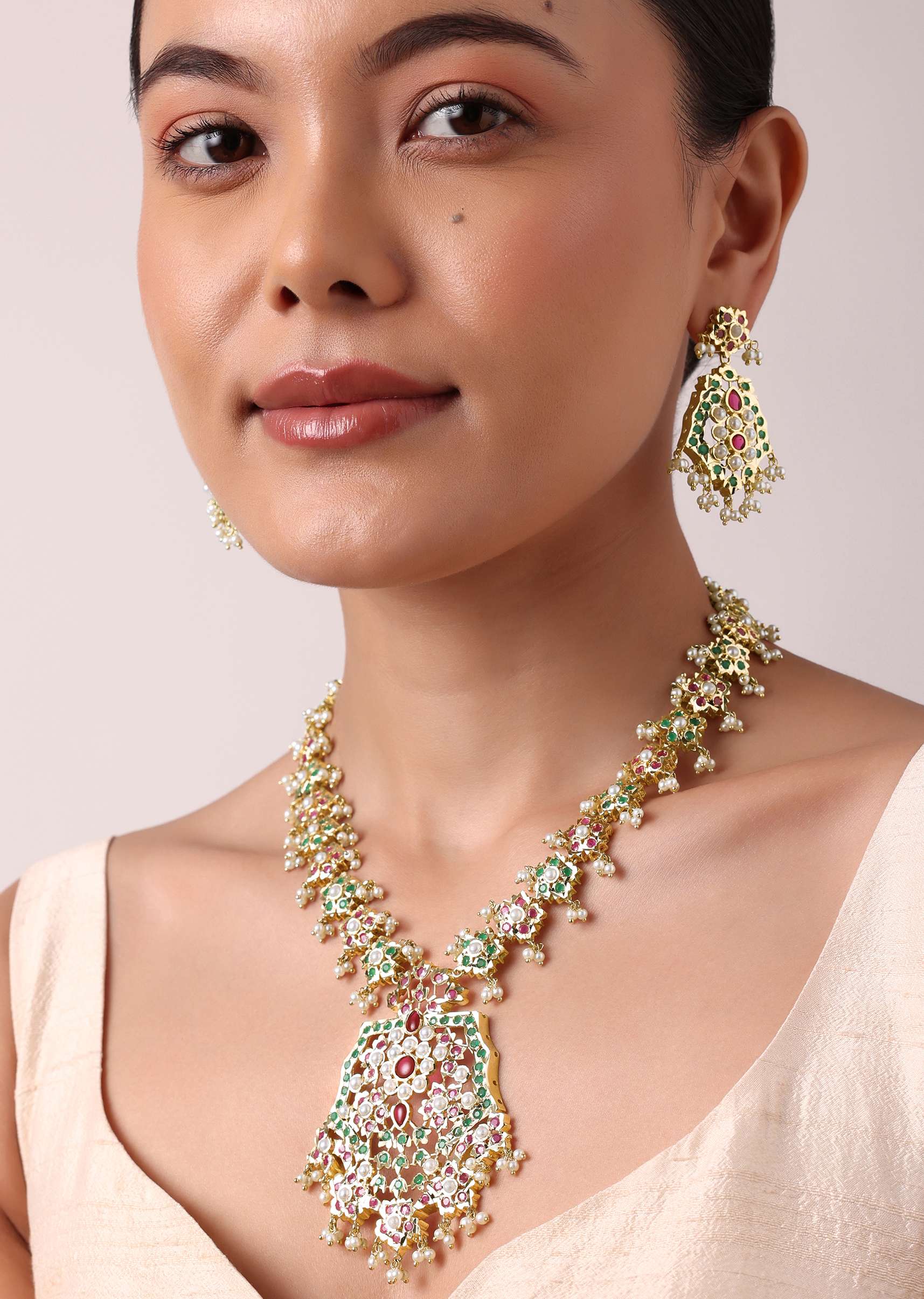 Multi Kundan Long Necklace Pendant Set - Image 7