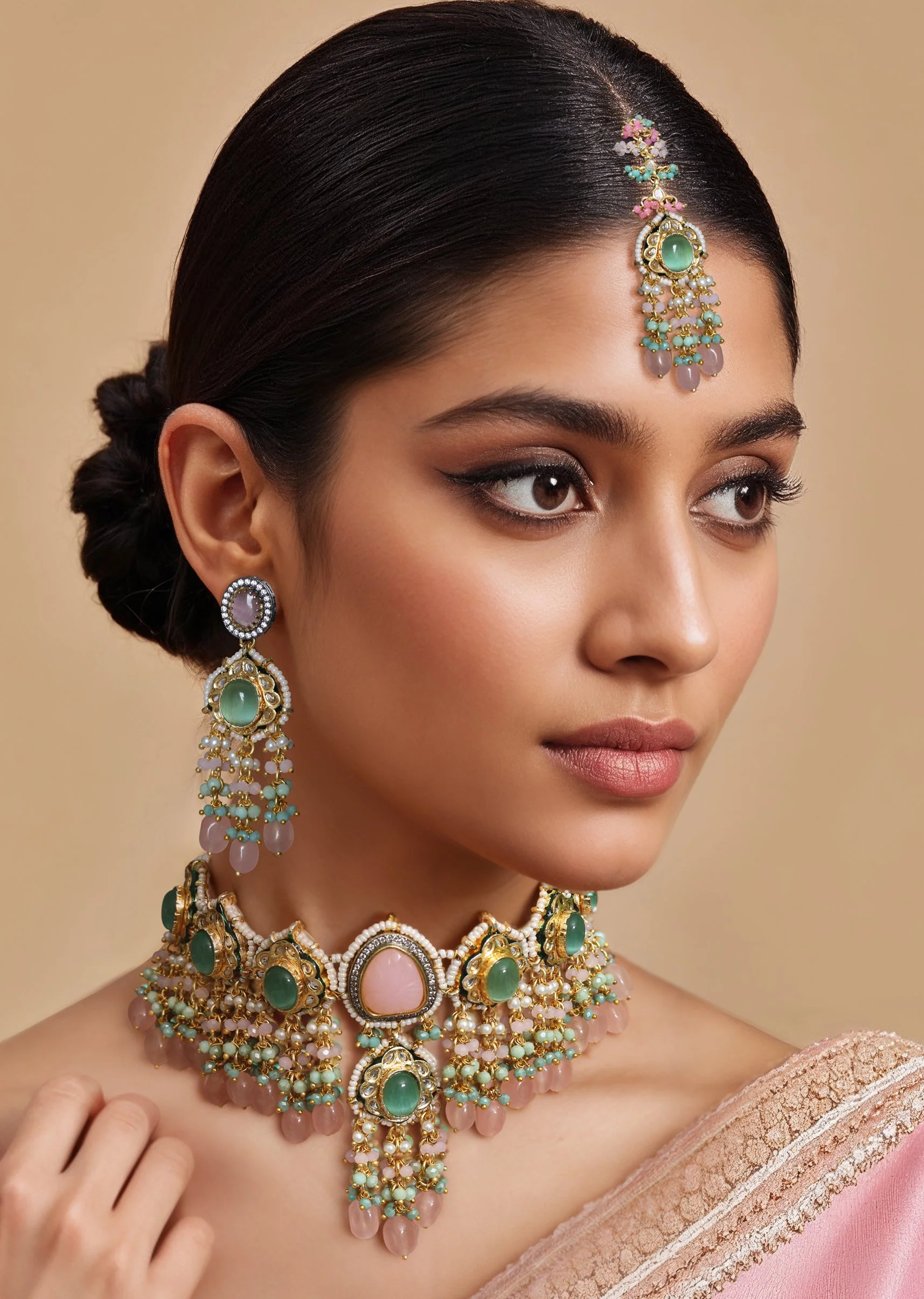 Multi Kundan Necklace Set with Maangtikka