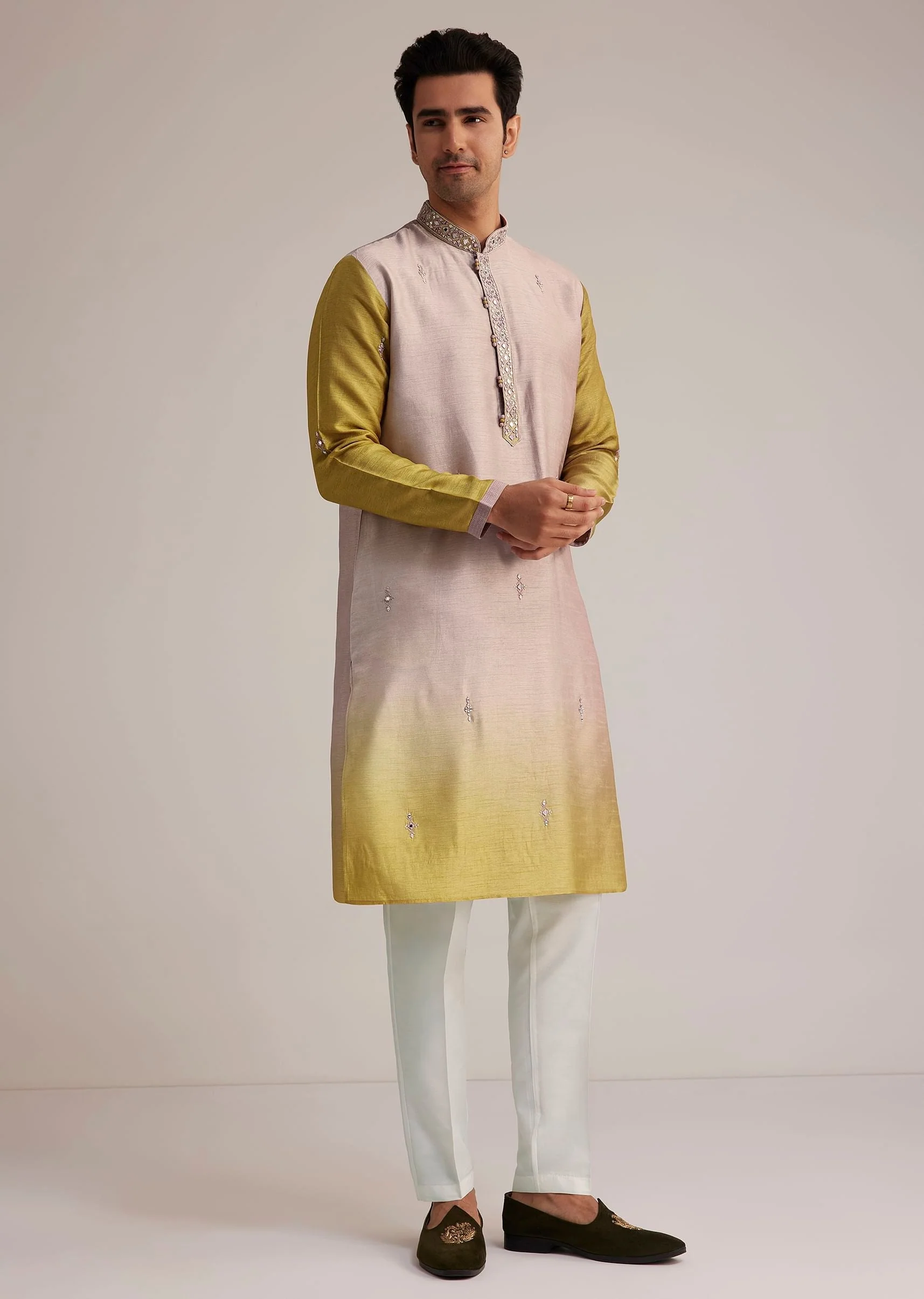Multi Ombre Silk Kurta Set With Mirror Work - Image 3