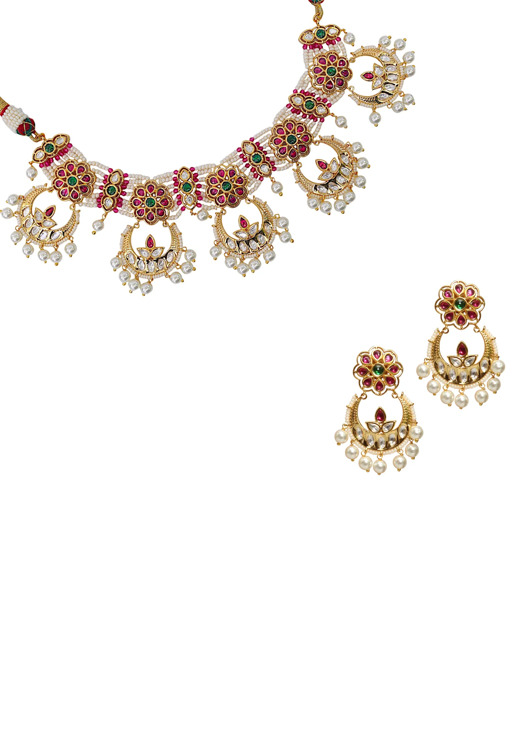 Multi Rajwadi Kundan Necklace and Dangler Set - Image 3