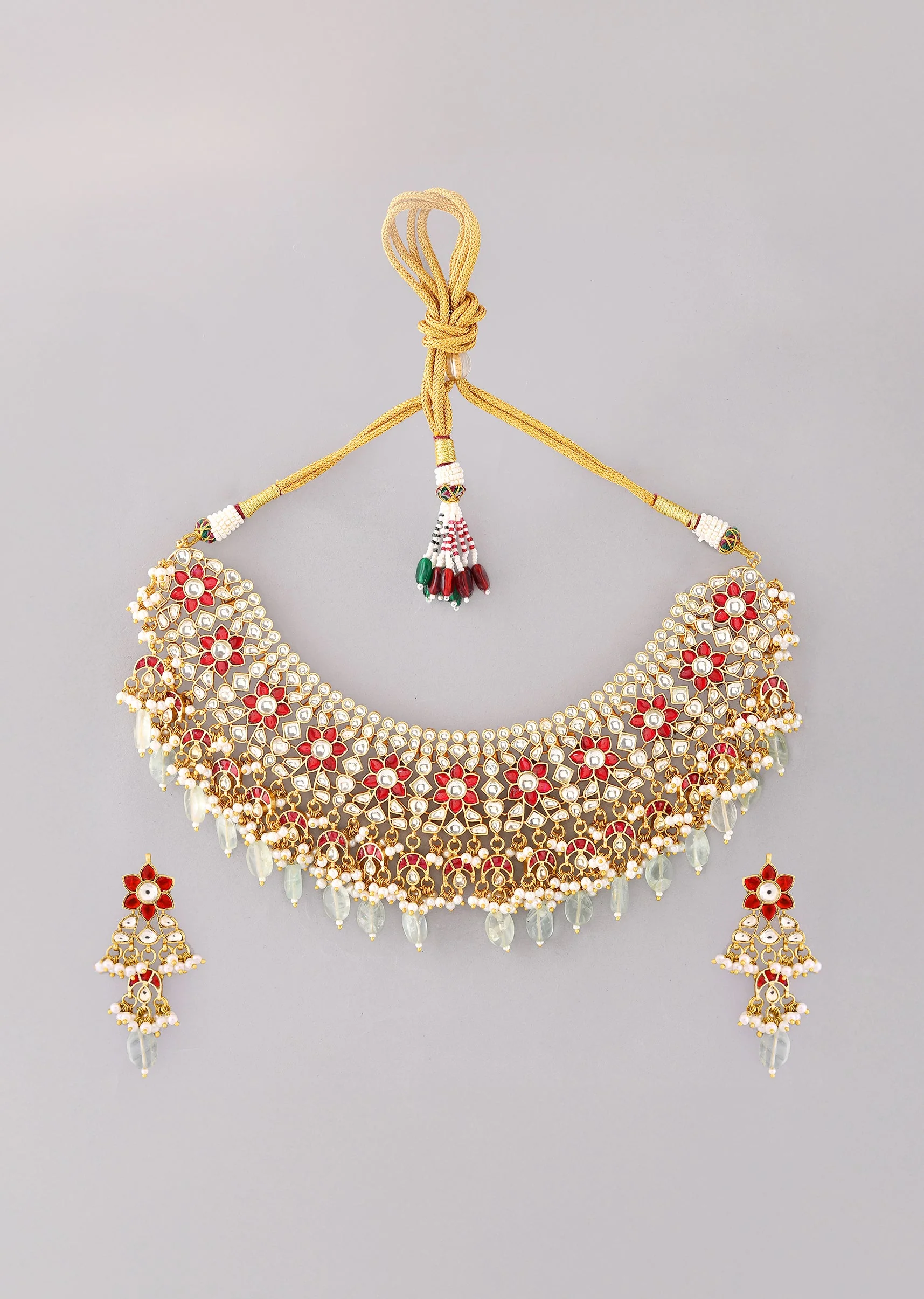 Multi Red Necklace Set With Pachi Kundan - Image 2