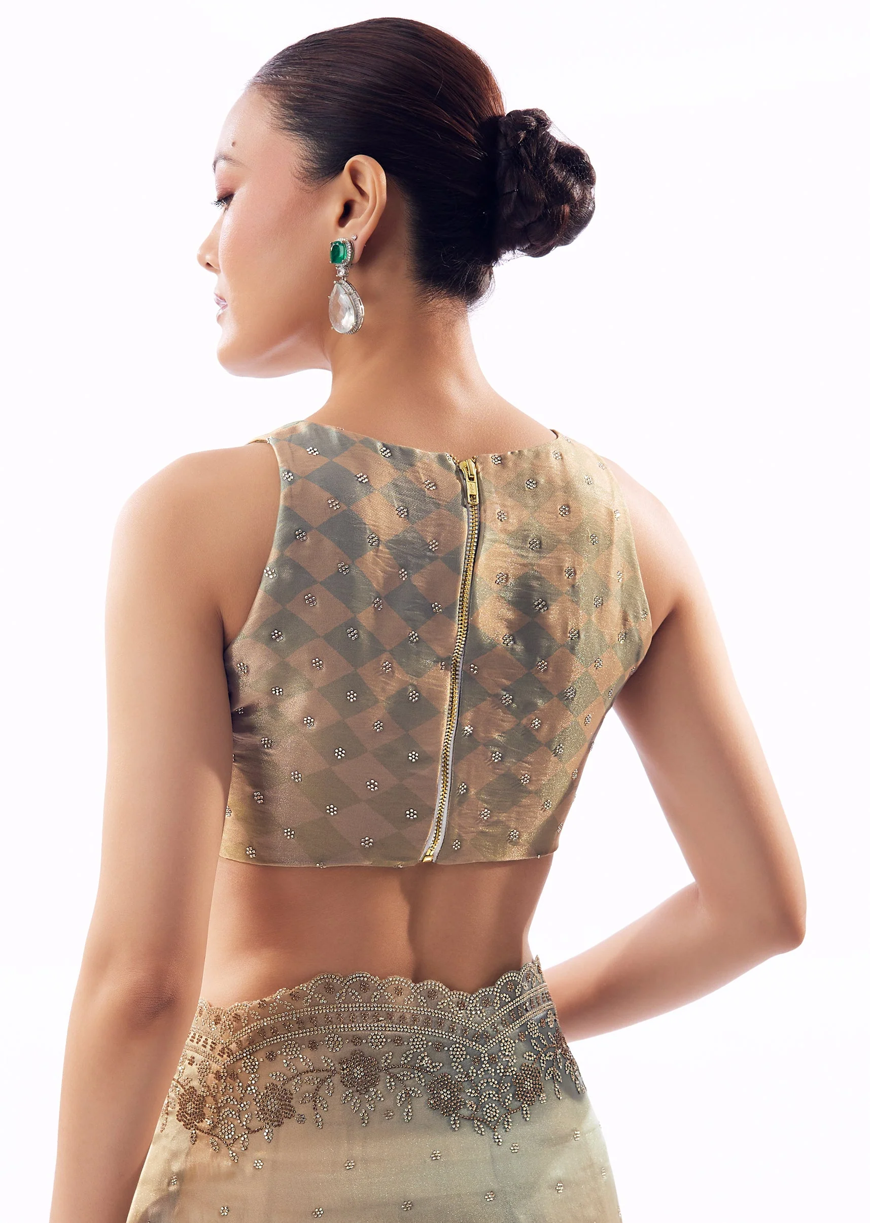 Multi Shade Tissue Saree With Scallop Border And Stone Embellished Floral Detailing - Image 8