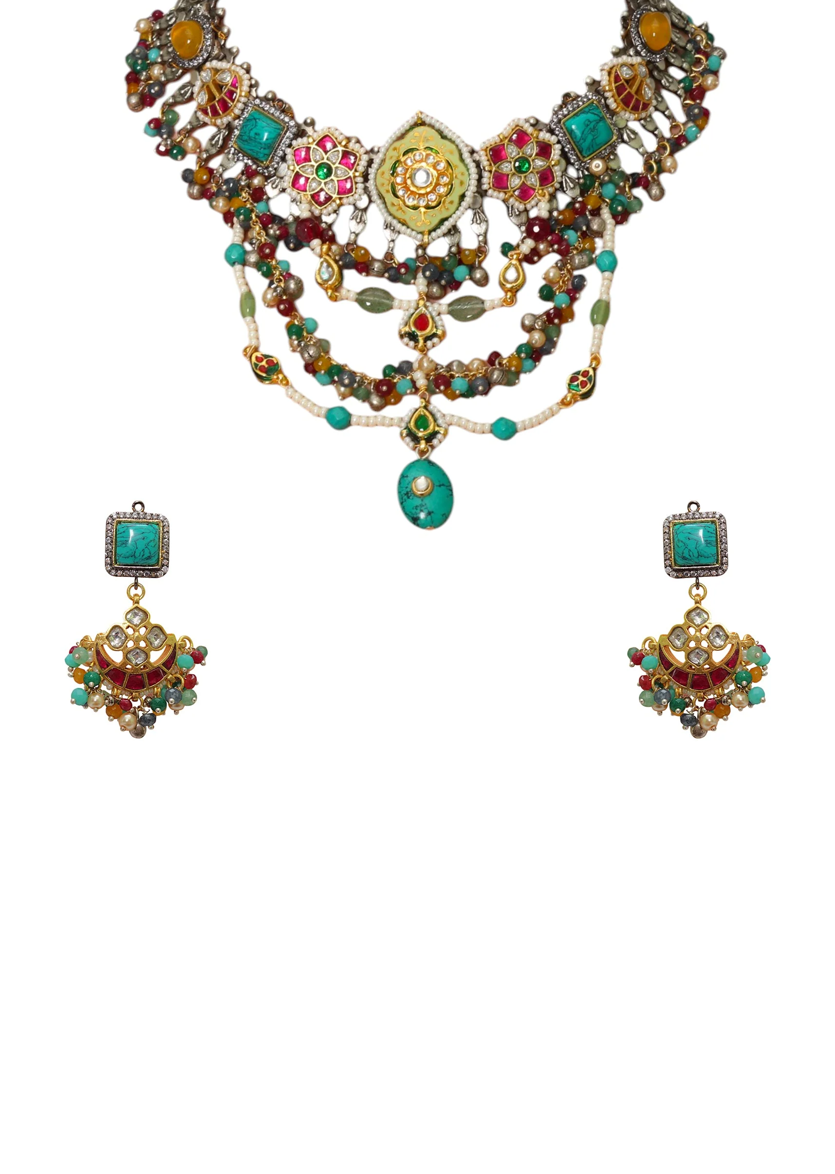Multi Stone Drop Pendant Necklace and Earring Set - Image 2