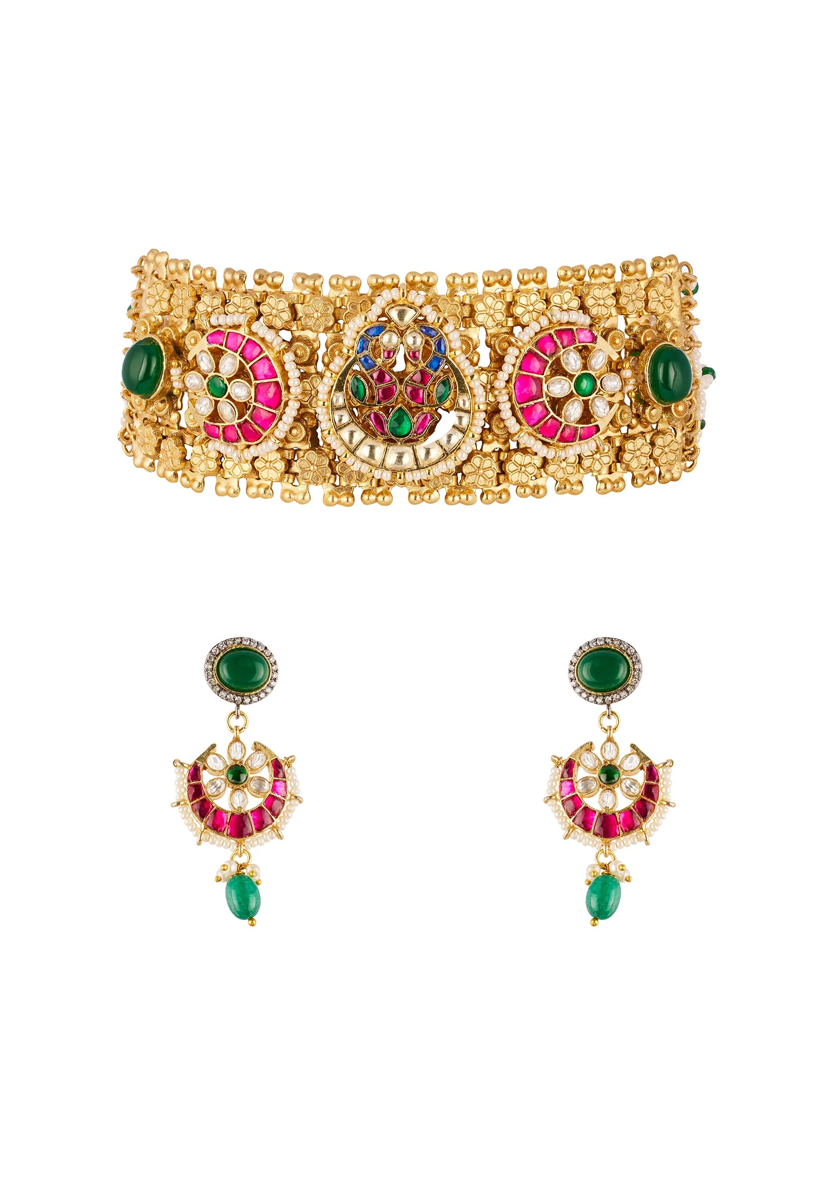 Multi Traditional Gold Kundan Polki Necklace Set