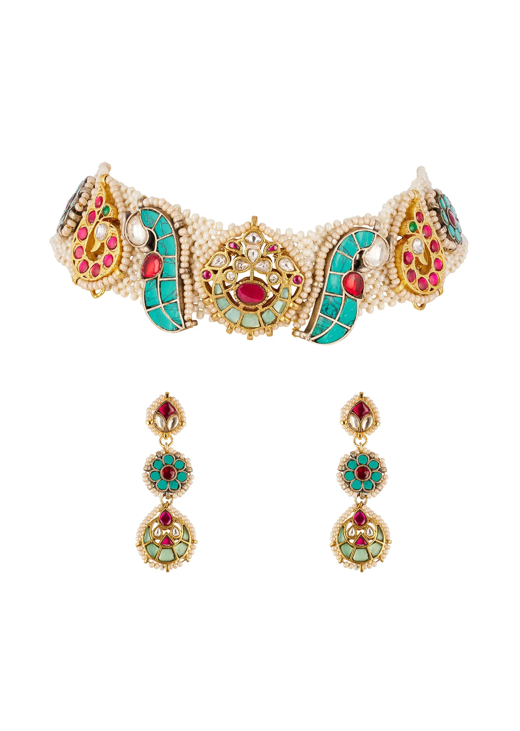 Multi Traditional Kundan Polki Necklace Set with Colored Stones