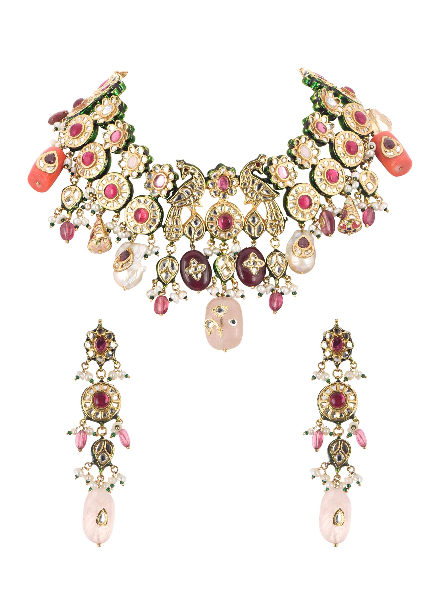 Multicolor Carved Beaded Choker Set In Gold Finish Mix Metal - Image 2