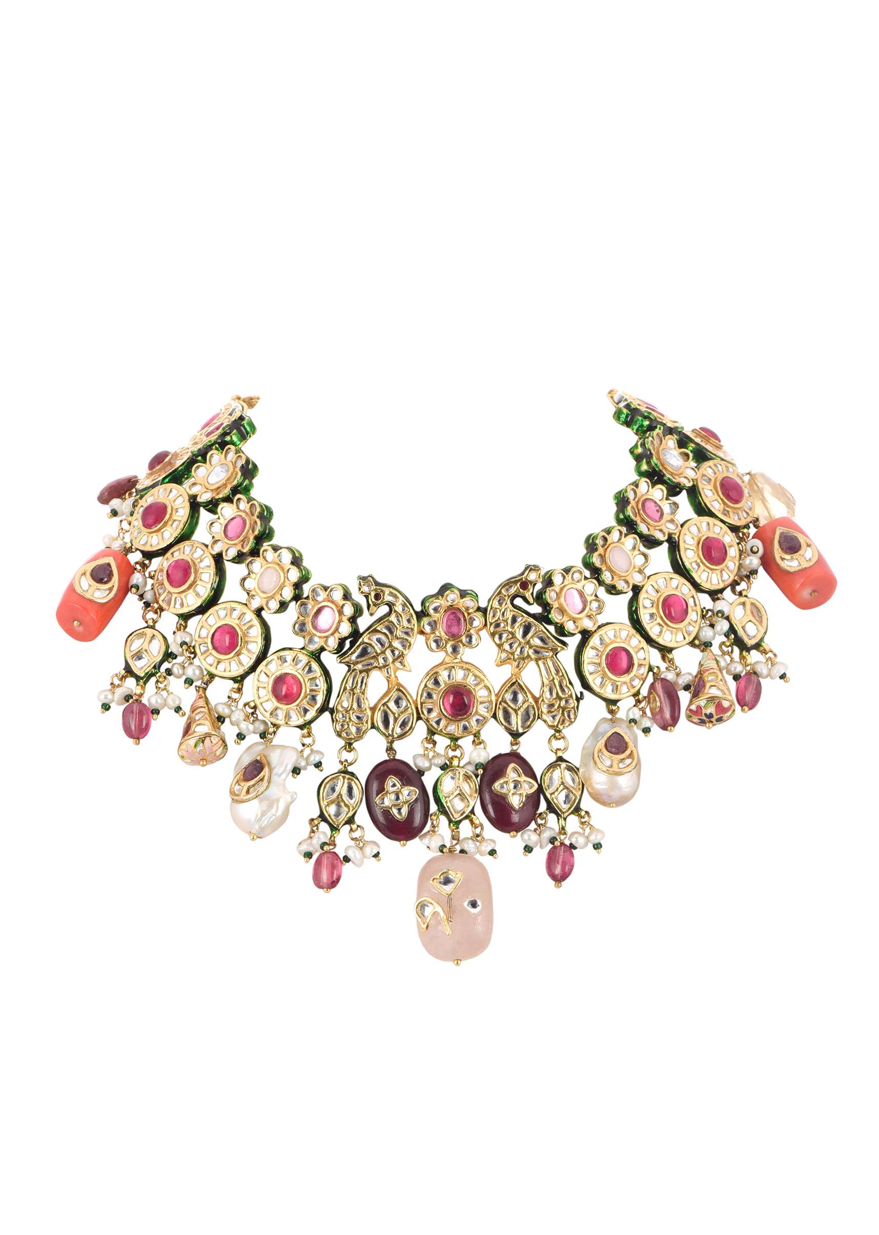 Multicolor Carved Beaded Choker Set In Gold Finish Mix Metal - Image 3