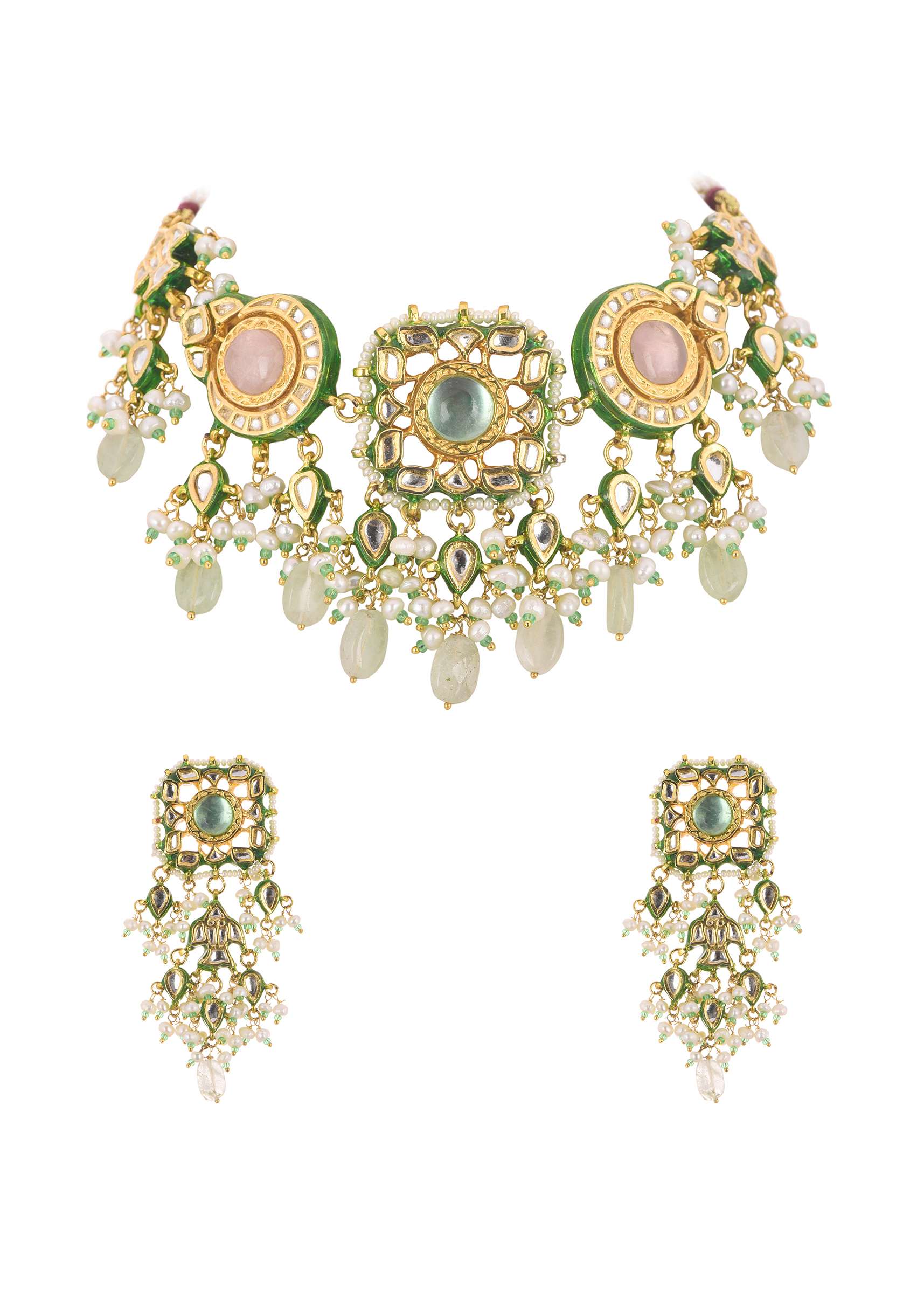 Multicolor Choker And Dangler Set With Mint Green Drops - Image 4