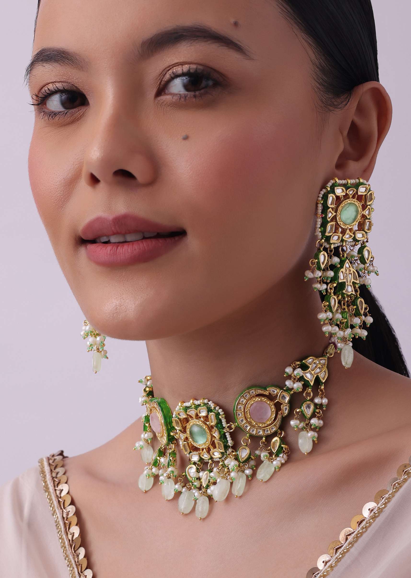 Multicolor Choker And Dangler Set With Mint Green Drops - Image 7