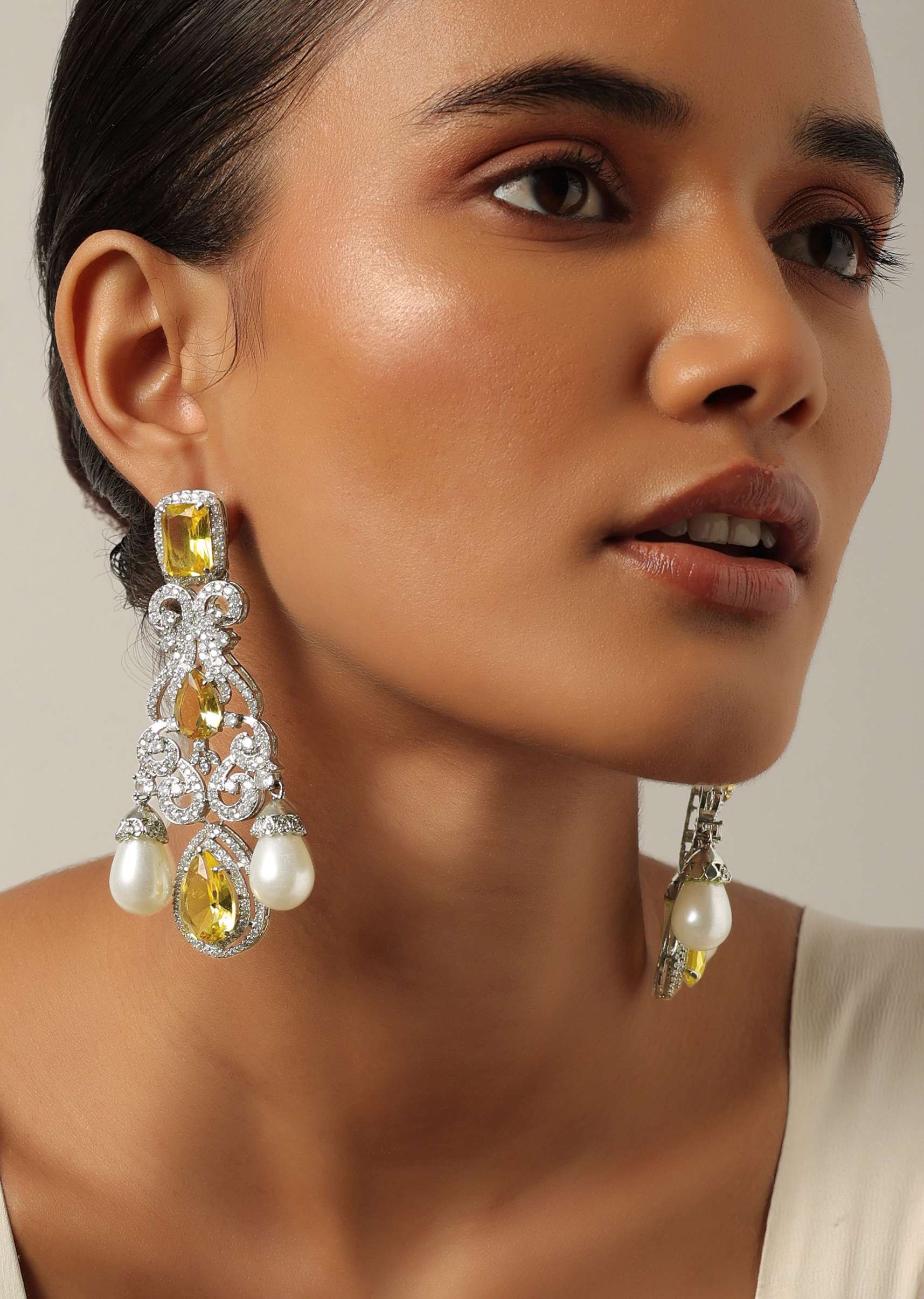 Multicolor Earrings With Champagne Stones And Pearl Drops - Image 2