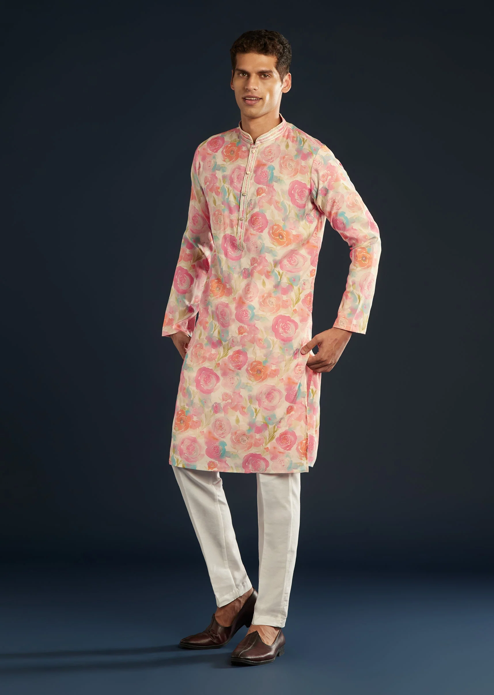 Multicolor Floral Print Silk Kurta and Pant Set