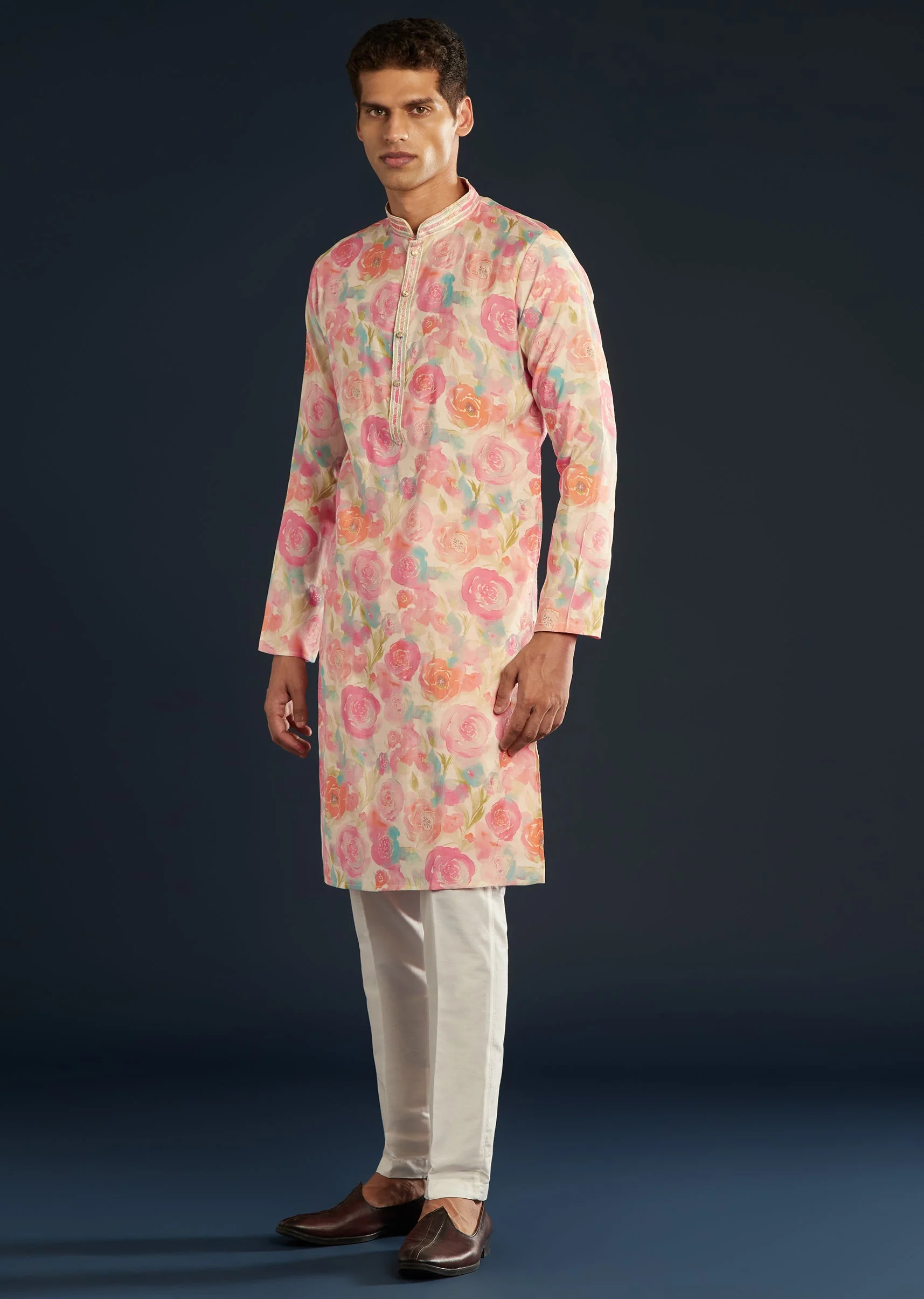 Multicolor Floral Print Silk Kurta and Pant Set - Image 3