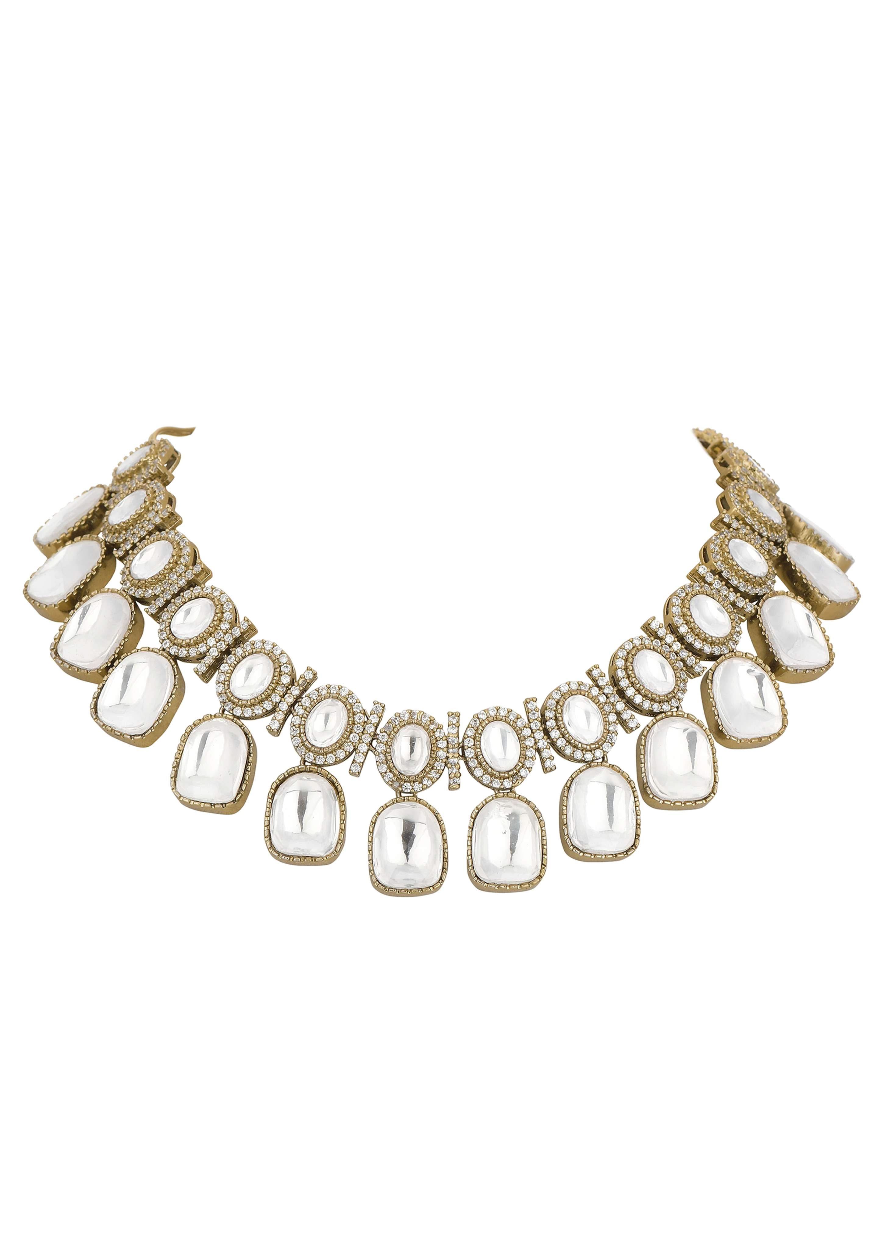 Multicolor Geometric Polki Choker Set With Faux Diamonds - Image 4