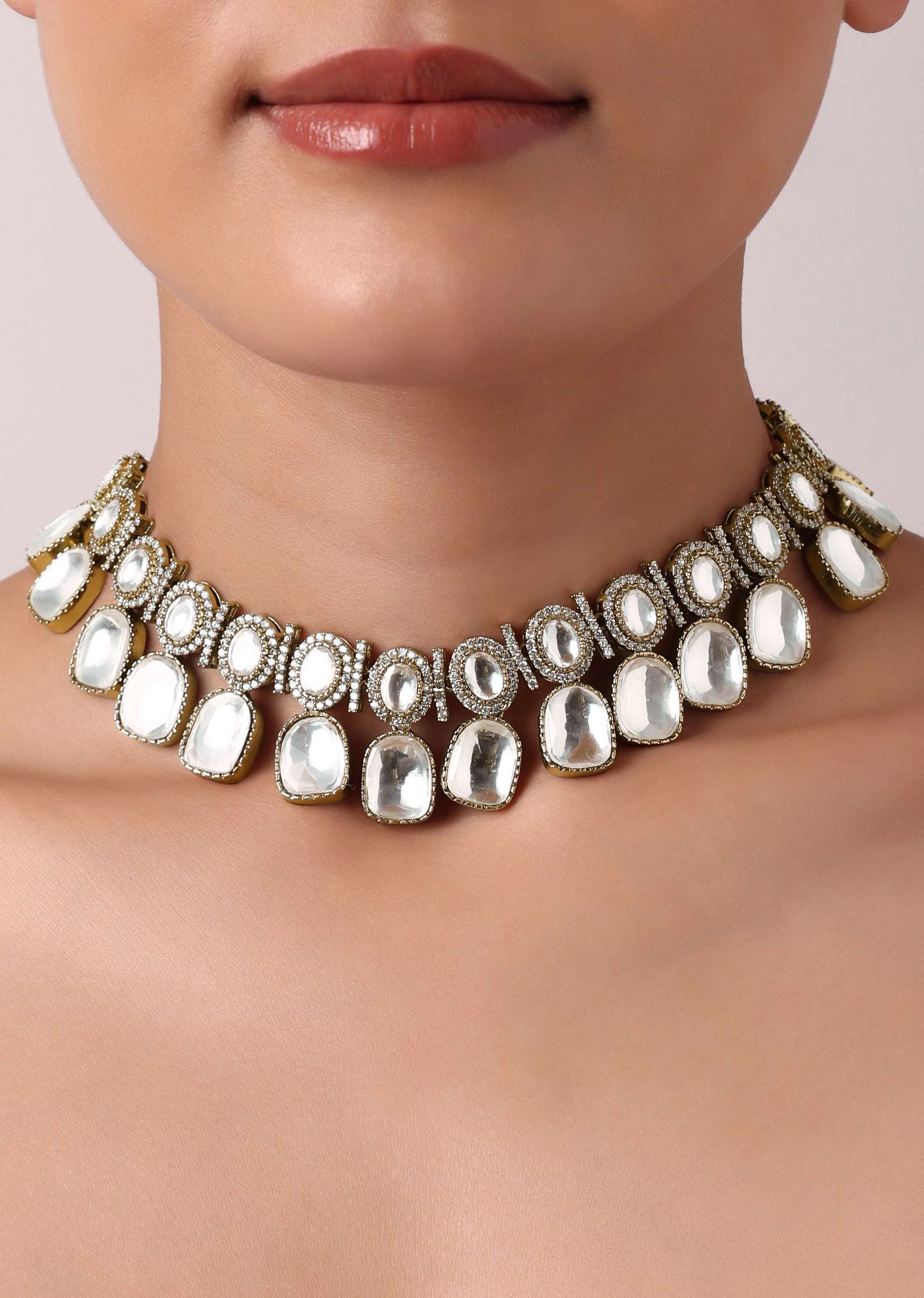 Multicolor Geometric Polki Choker Set With Faux Diamonds - Image 5