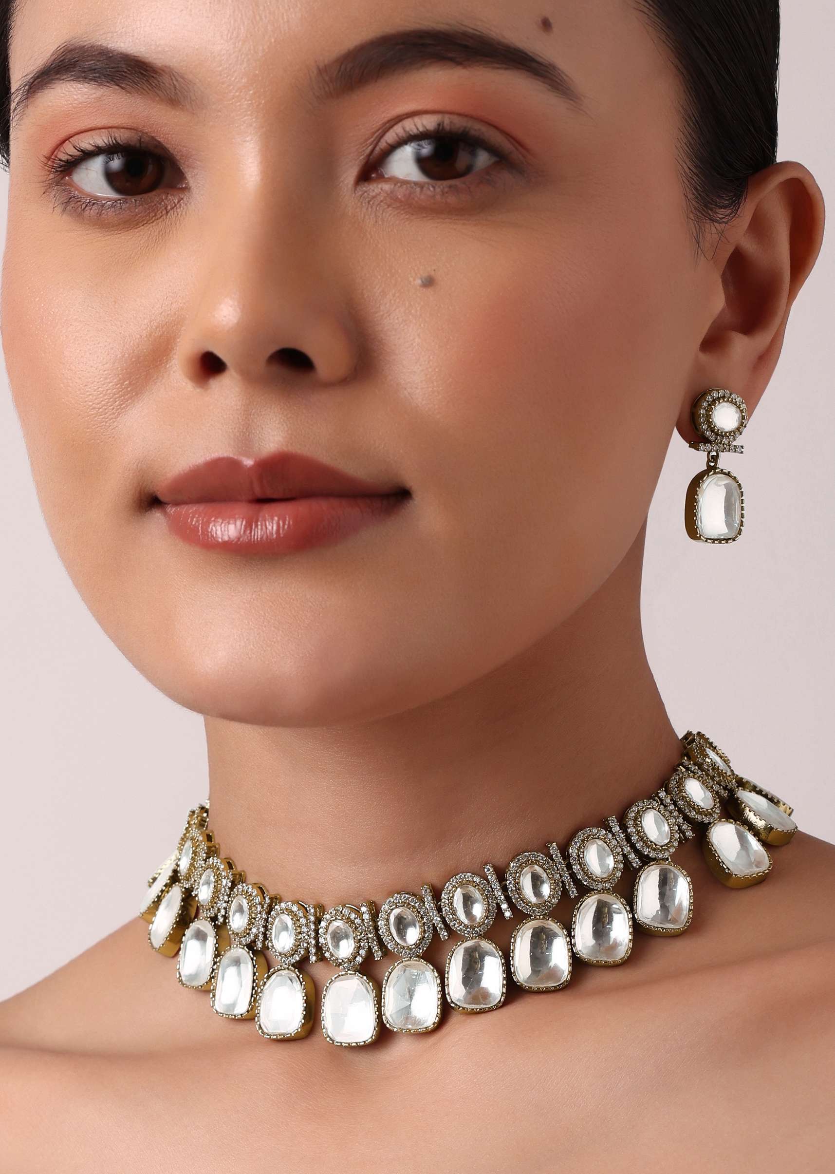 Multicolor Geometric Polki Choker Set With Faux Diamonds - Image 6