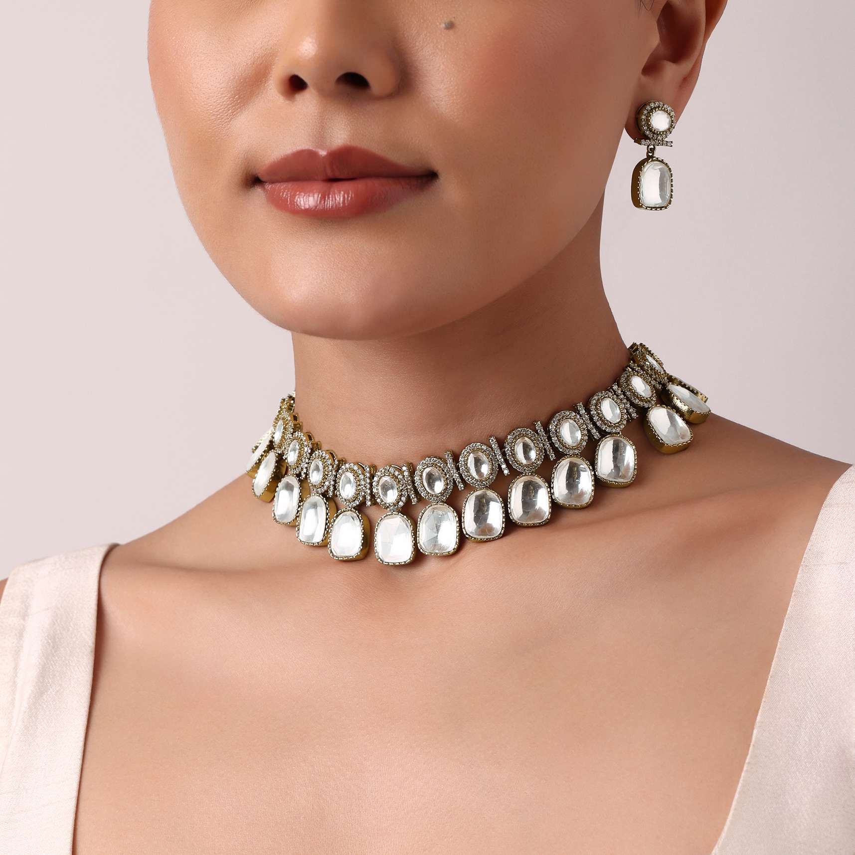 Multicolor Geometric Polki Choker Set With Faux Diamonds - Image 7