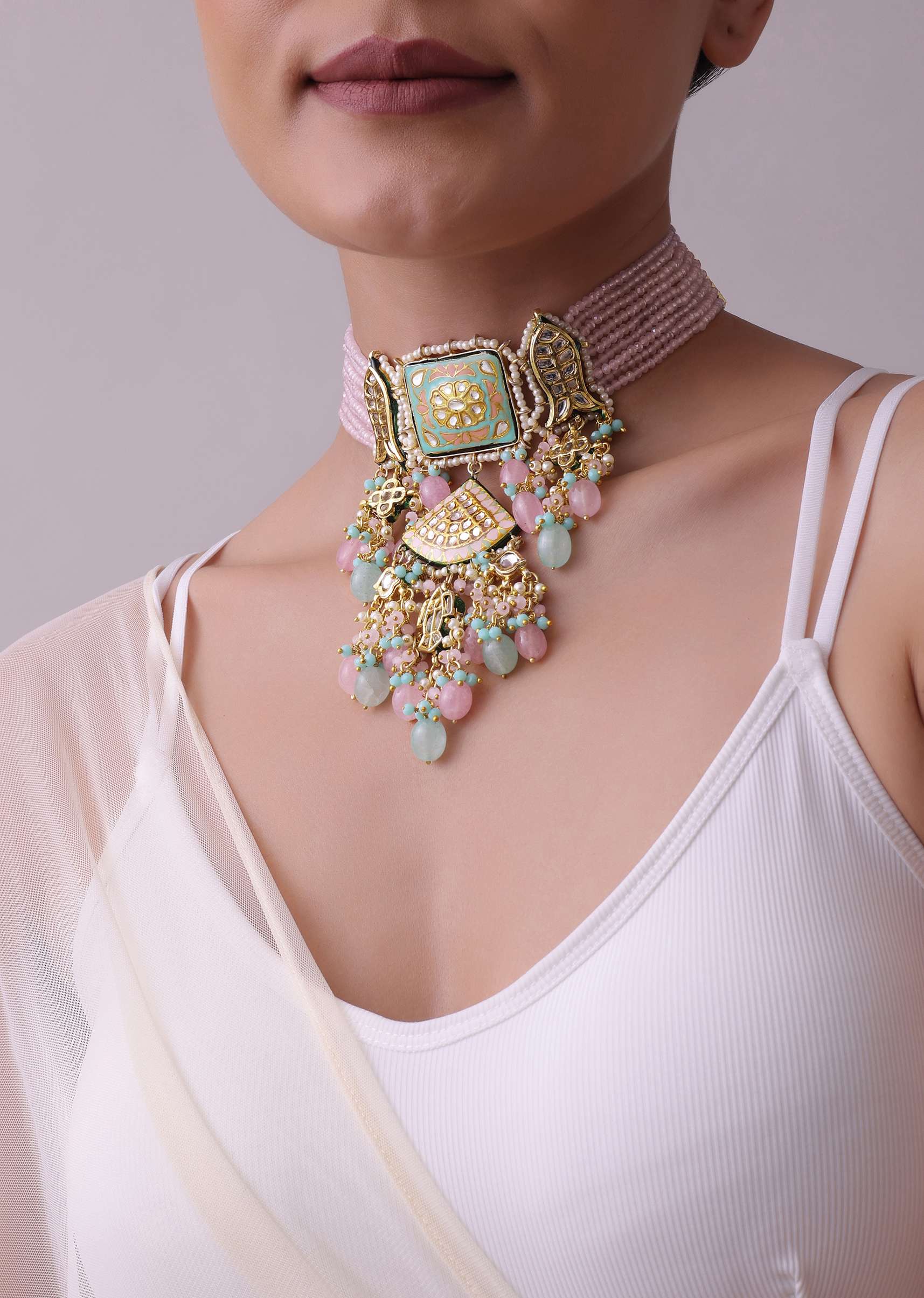 Multicolor Gold-Finish Kundan Choker Necklace Set With Colourful Meenakari Work And Stones In Mix Metal - Image 3