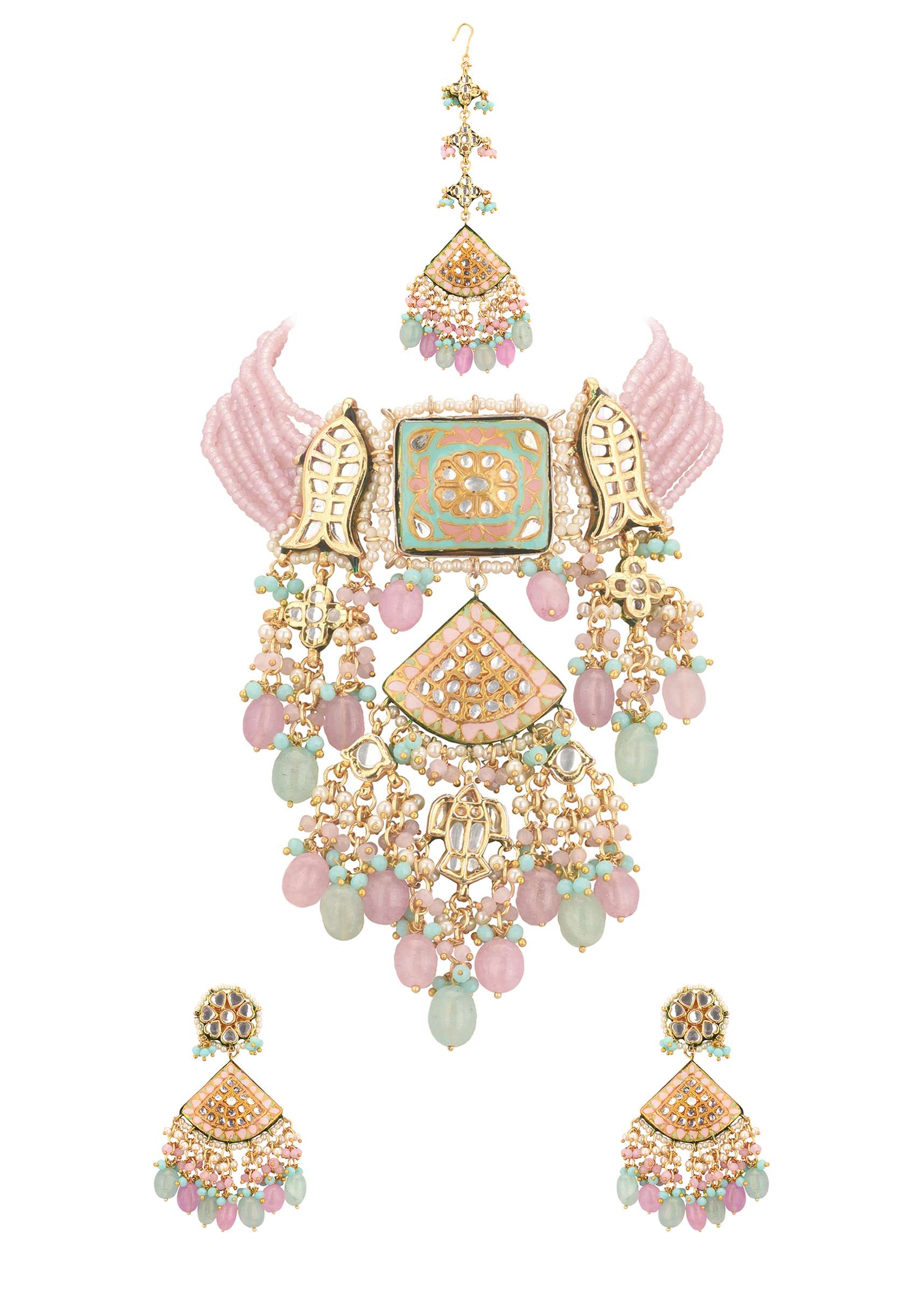 Multicolor Gold-Finish Kundan Choker Necklace Set With Colourful Meenakari Work And Stones In Mix Metal - Image 9
