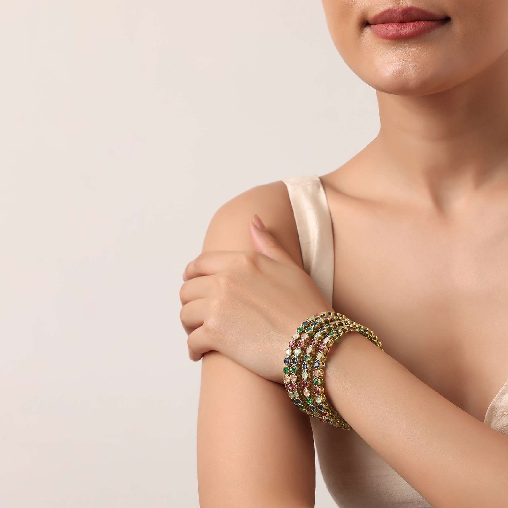 Multicolor Kundan Bangles With Encrusted Stones (Set of 4) - Image 4