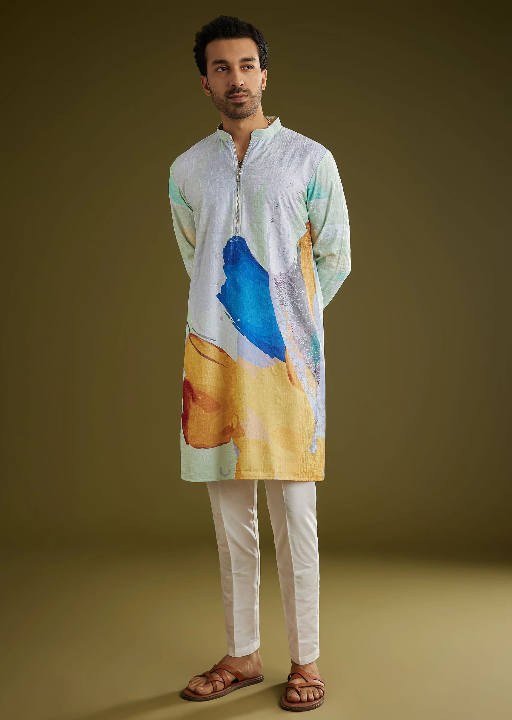 Multicolor Linen Abstract Printed Zipper Kurta Set - Image 3