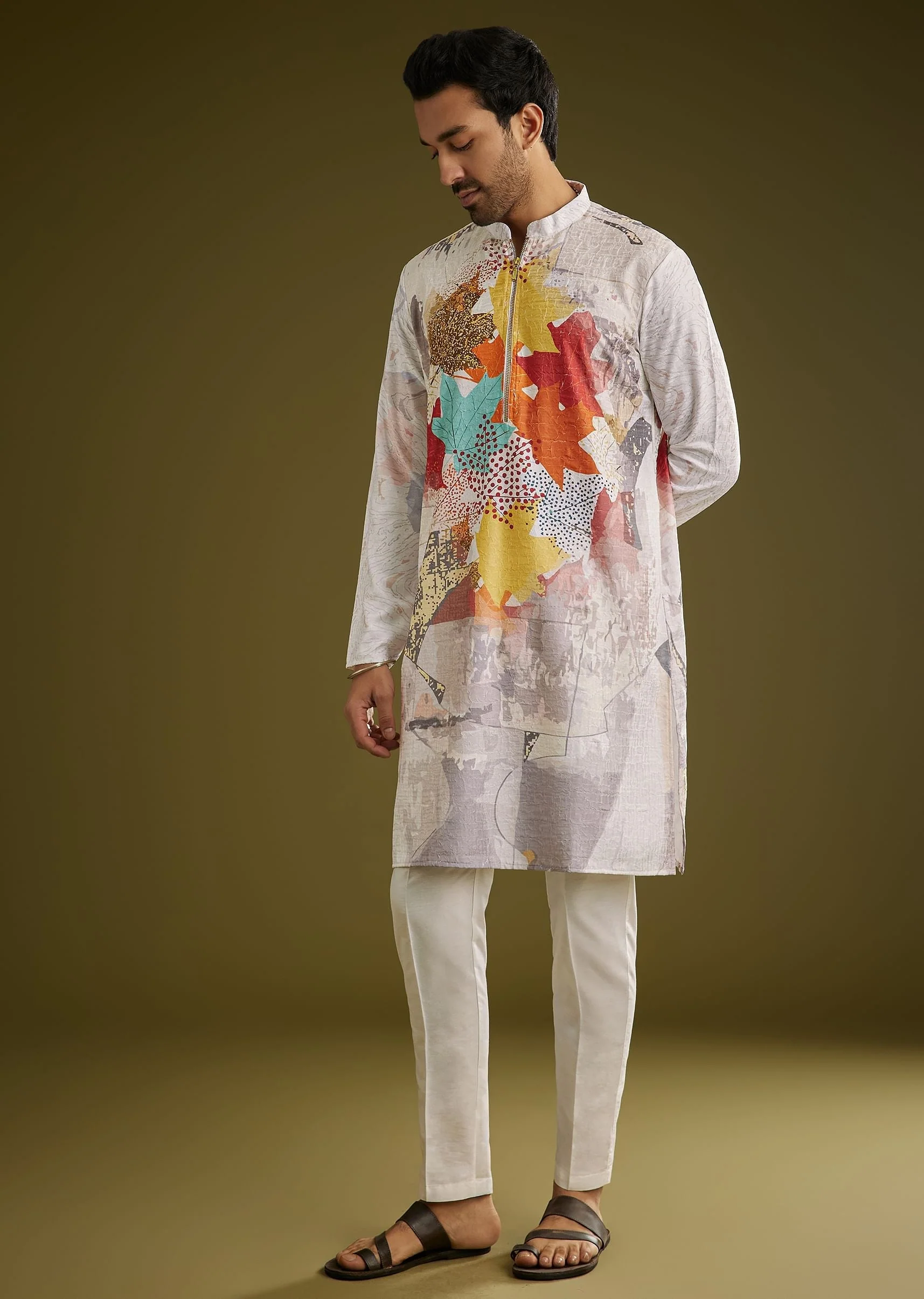 Multicolor Linen Zipper Kurta Set With Abstract Leaf Prints - Image 2