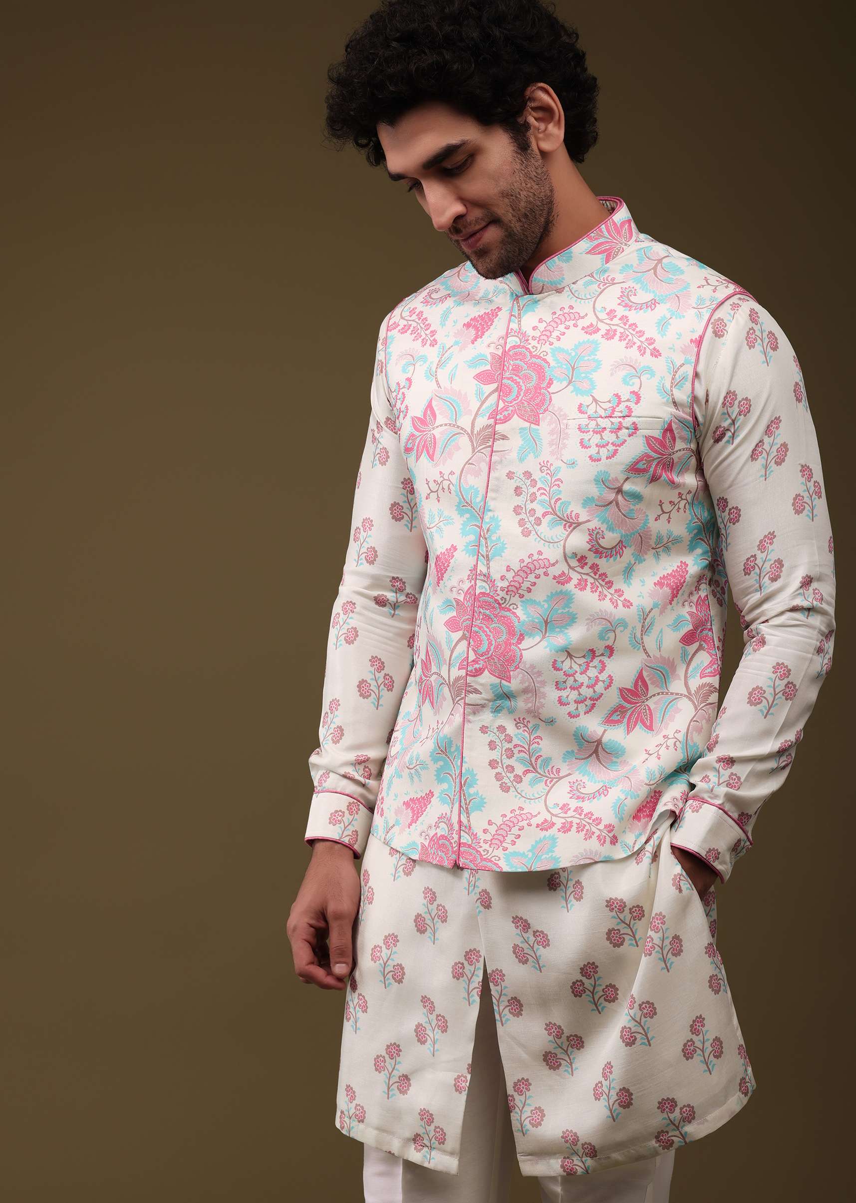 Multicolor Modern Floral Printed Jacket Kurta Set In Silk - Image 4