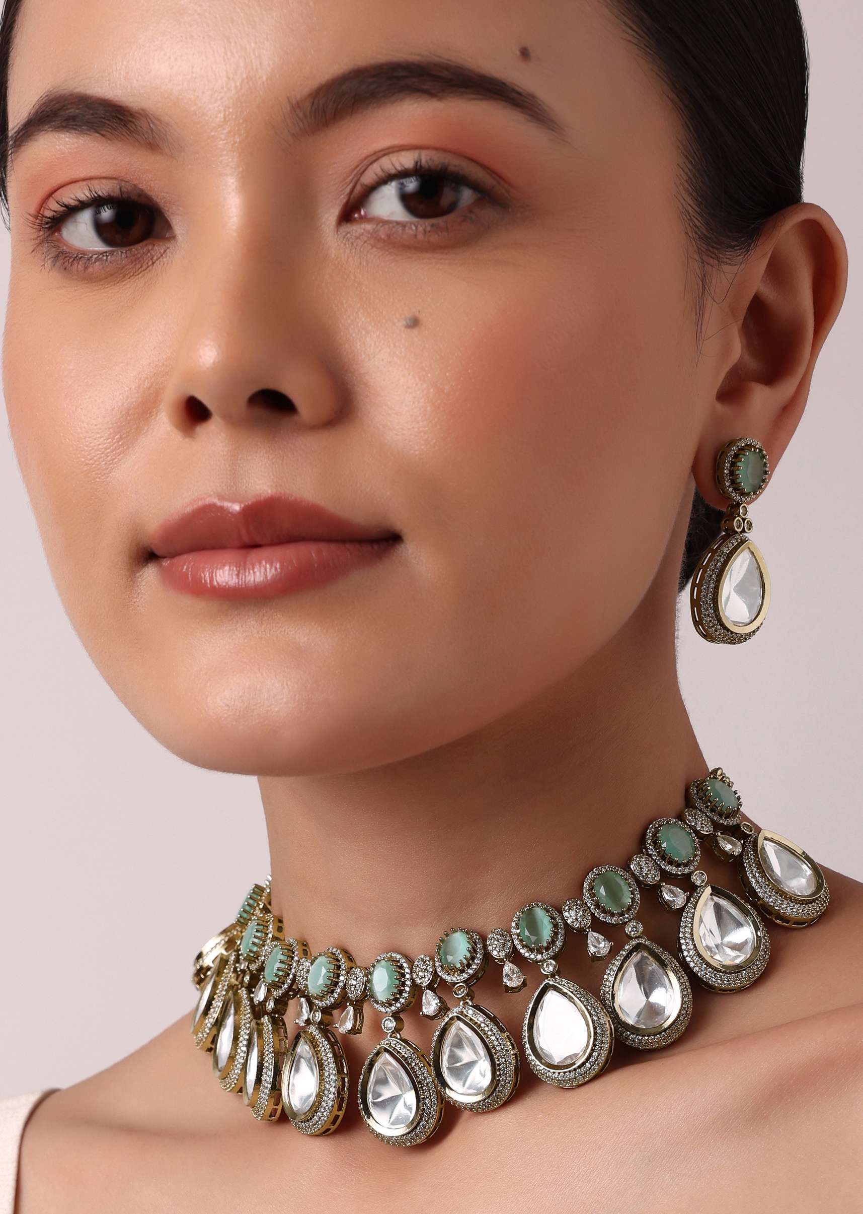 Multicolor Polki Choker Set With Faux Diamonds - Image 6