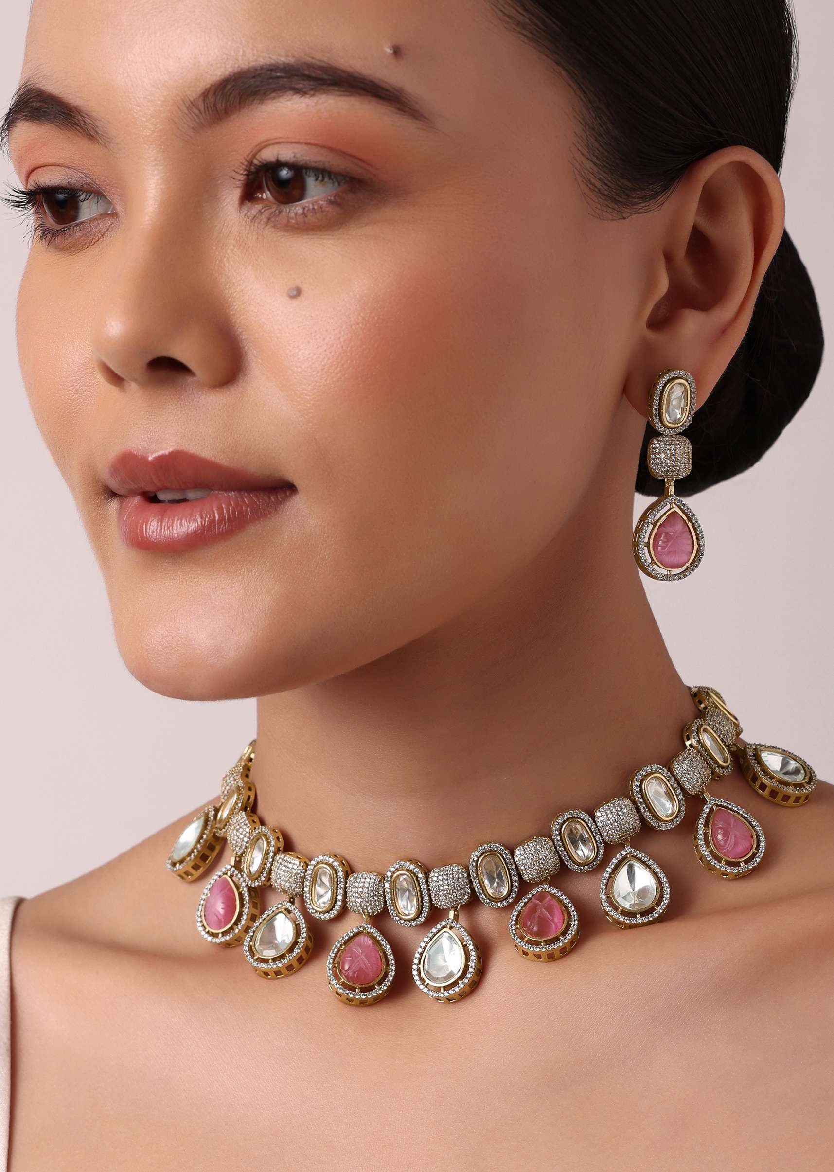 Multicolor Polki Choker Set With Kundan - Image 6