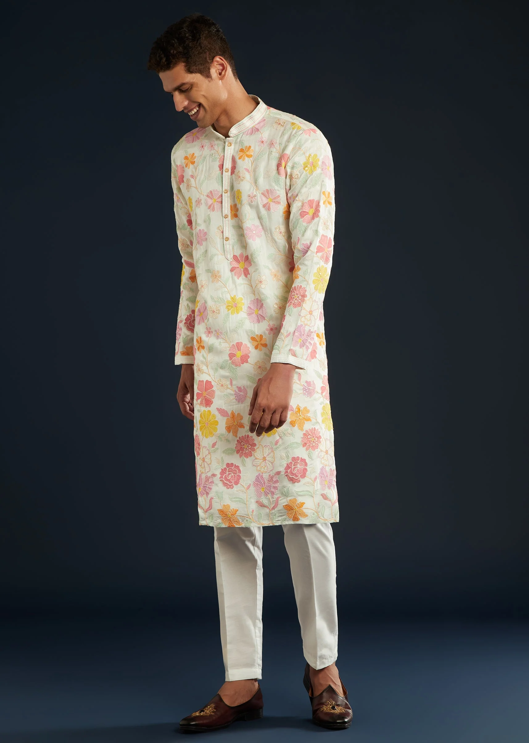 Multicolor Printed Silk Kurta and Pant Set - Image 3