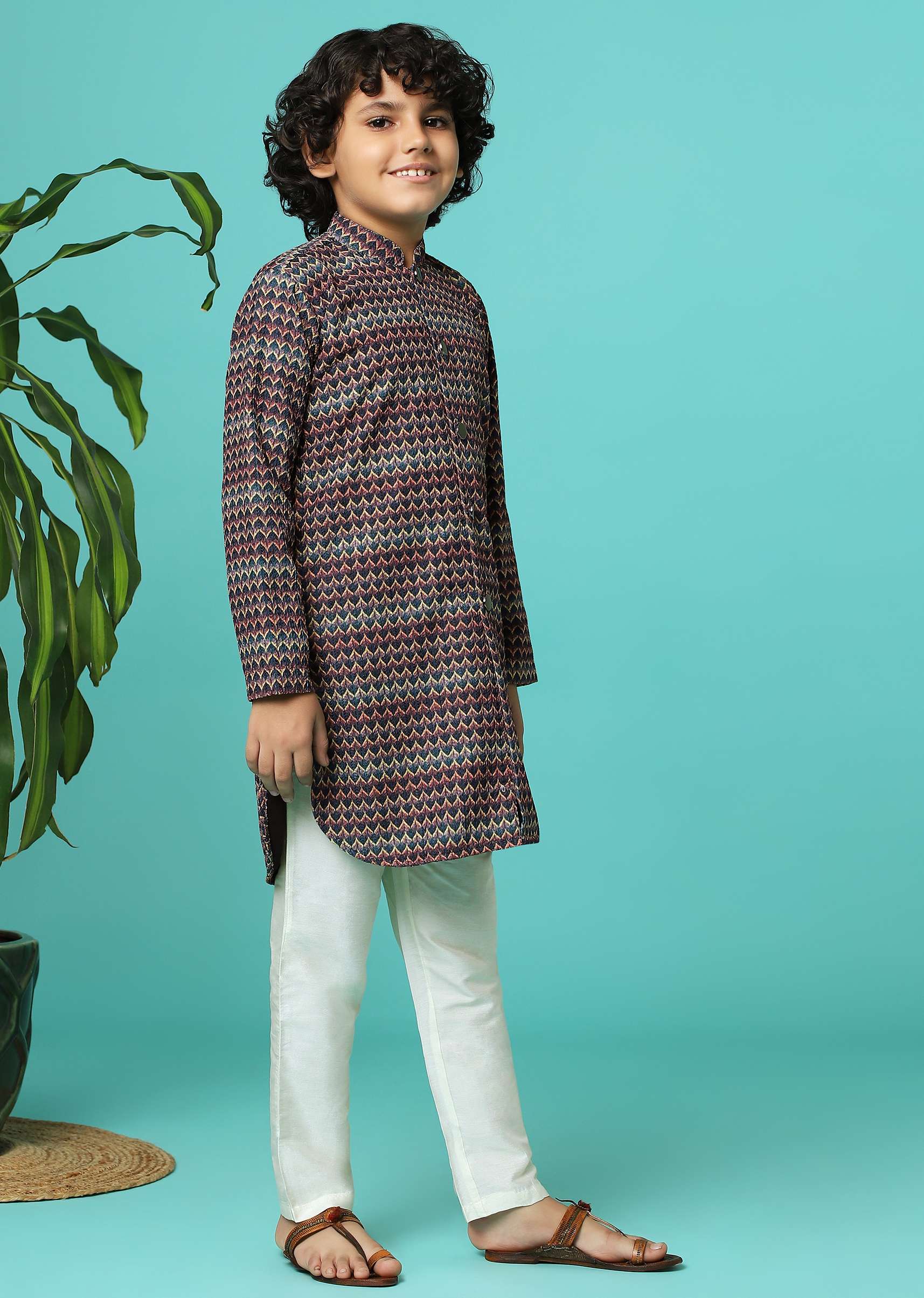 Multicolor Printed Silk Kurta Pant Set - Image 3