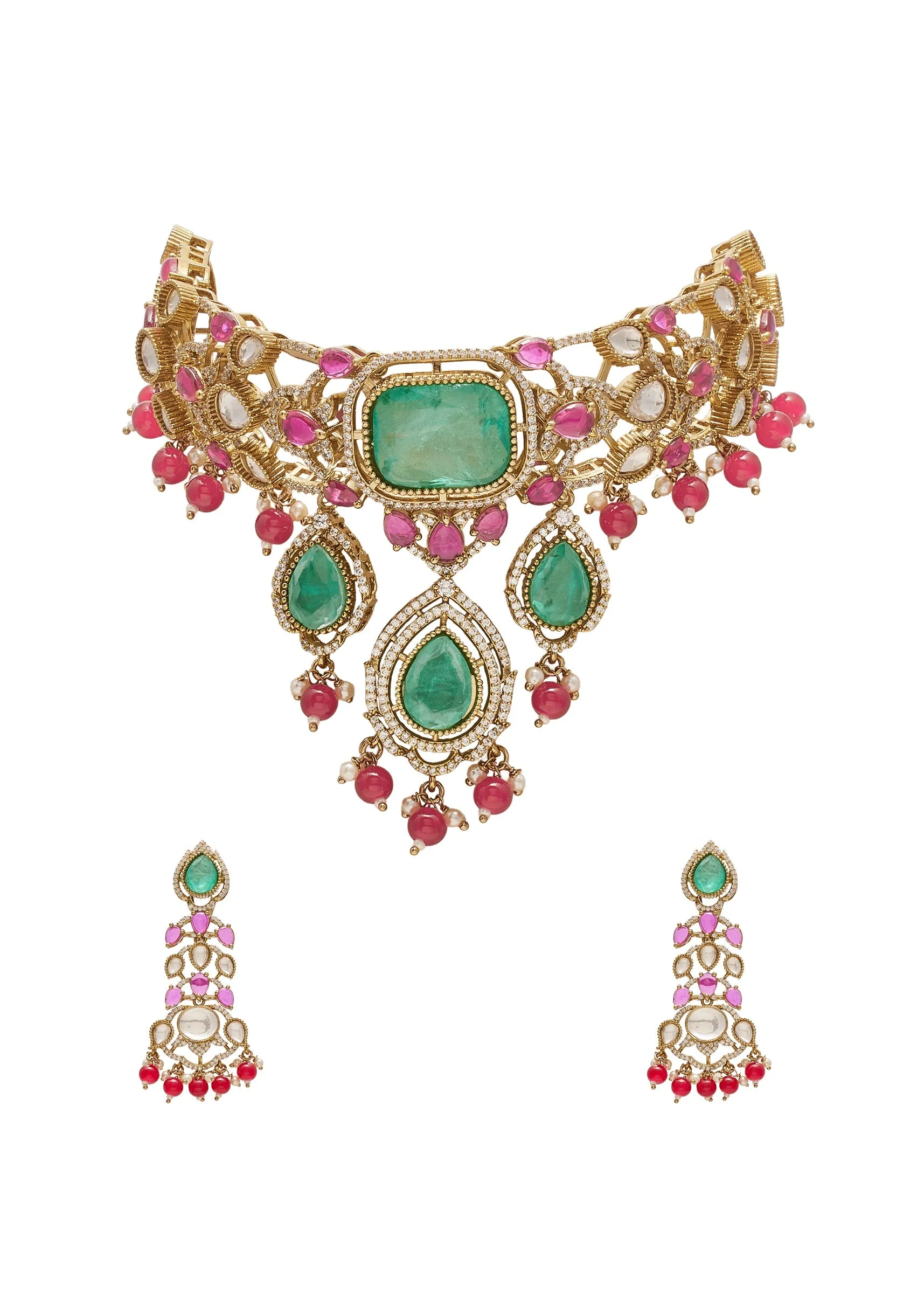 Multicolor Stone Bridal Choker Necklace Set - Image 2