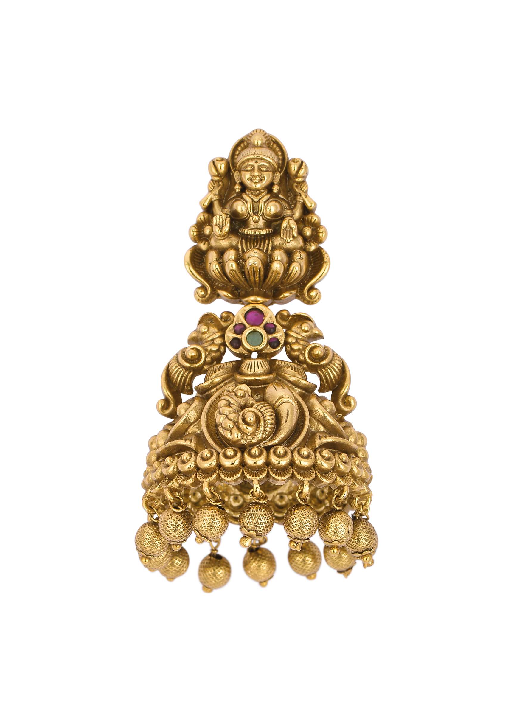 Multicolor Temple Carved Kundan Jhumkas - Image 2