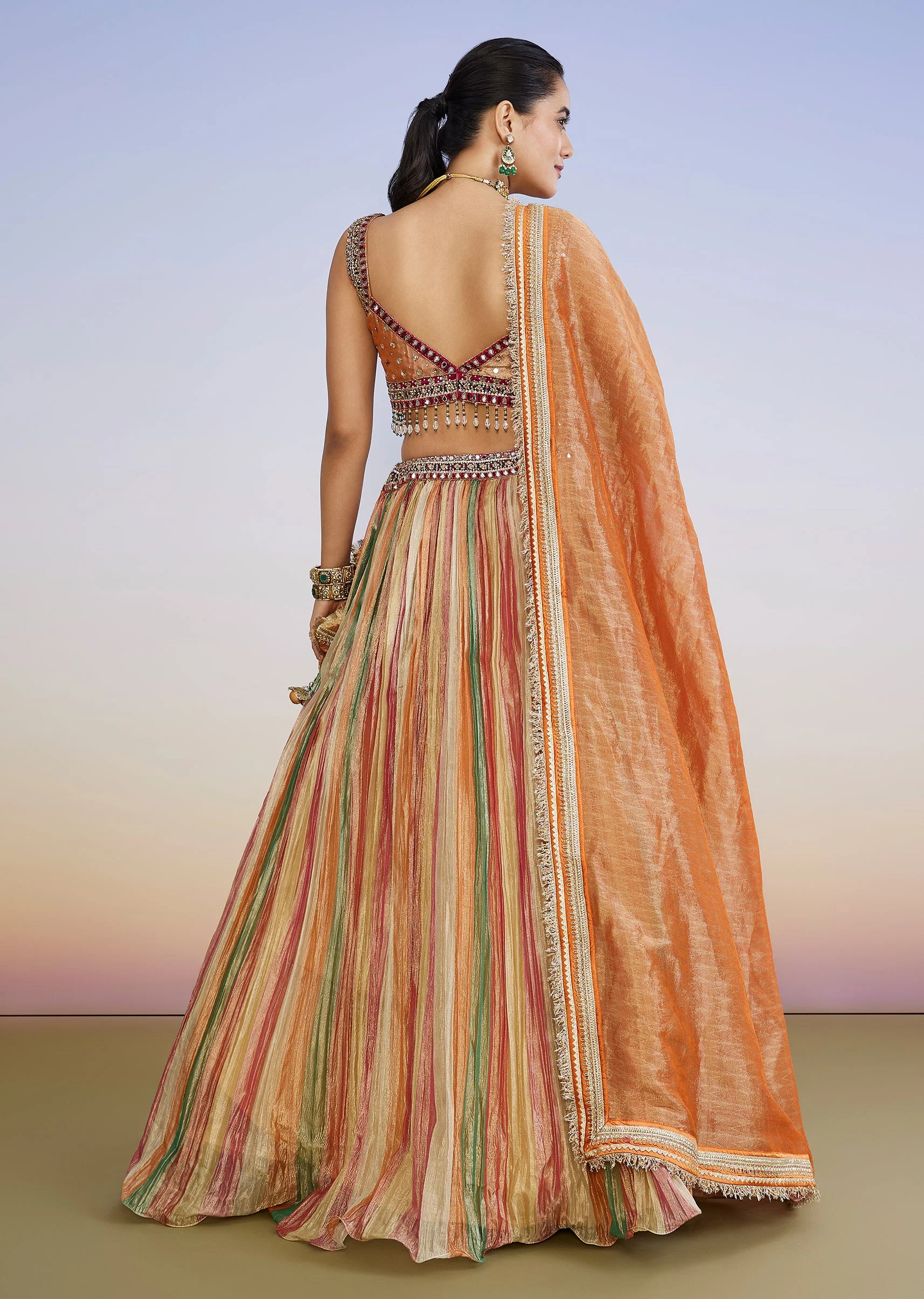 Multicolor Tissue Lehenga With Sequin Stonework Choli And Dupatta - Image 2