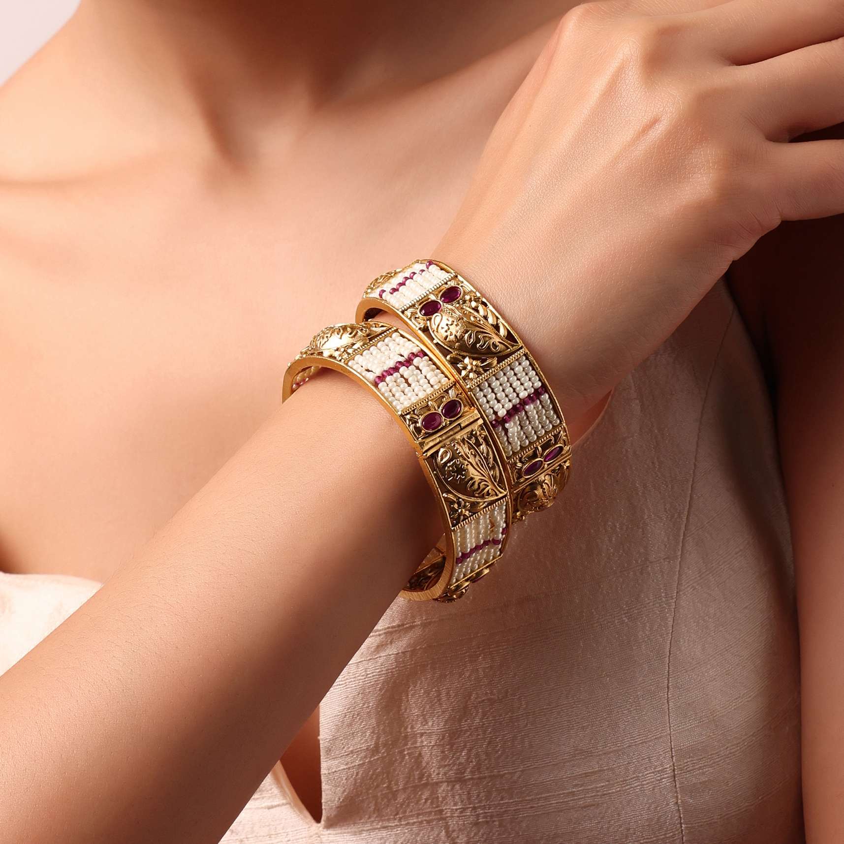 Multicolor Tone Bangle With Kundan And Geometric Motifs Set of 2 - Image 2