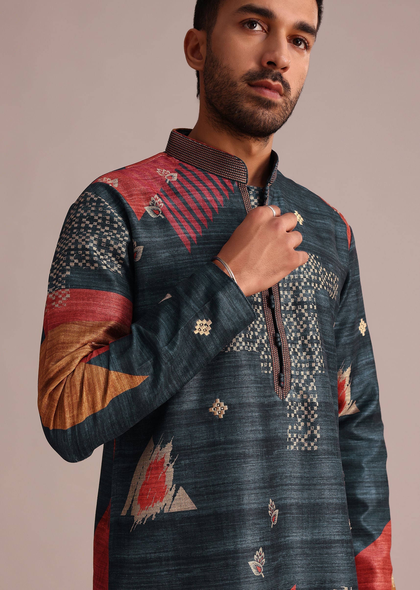 Multicolor Tussar Silk Printed Kurta Set - Image 2