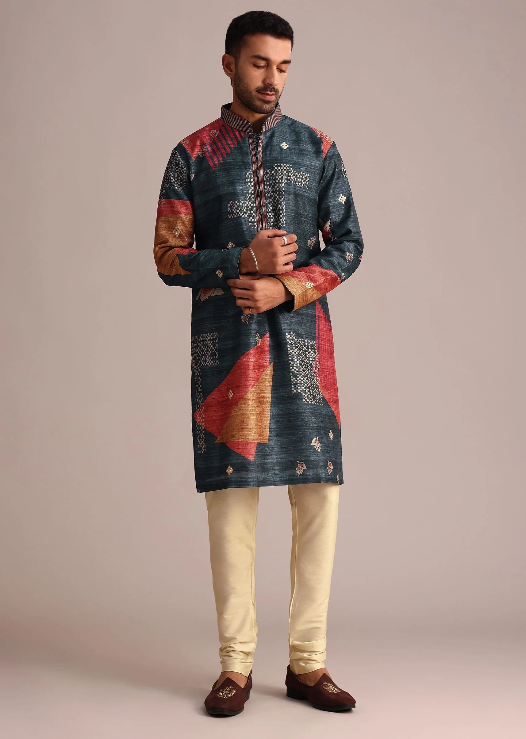Multicolor Tussar Silk Printed Kurta Set - Image 3