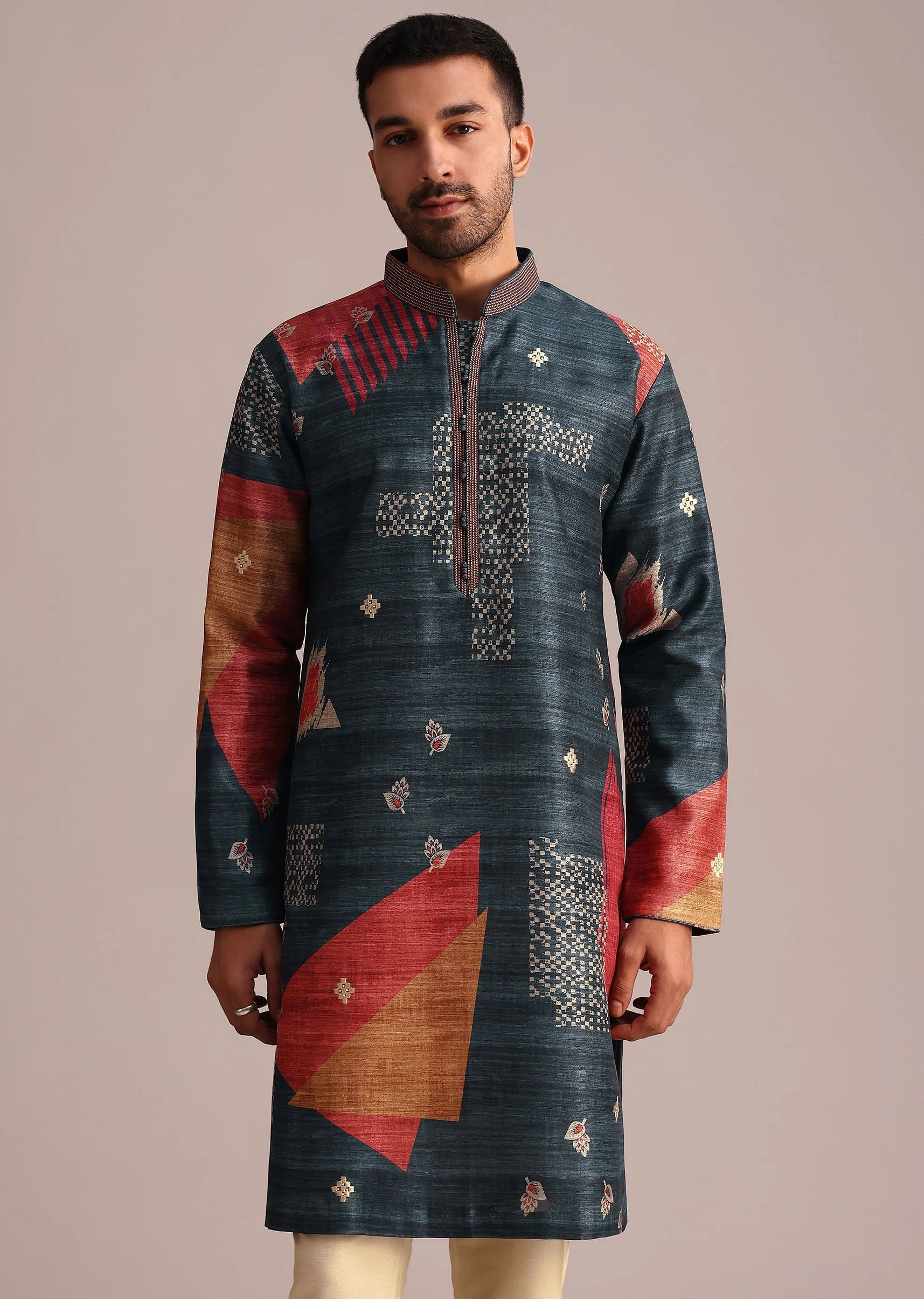 Multicolor Tussar Silk Printed Kurta Set - Image 4